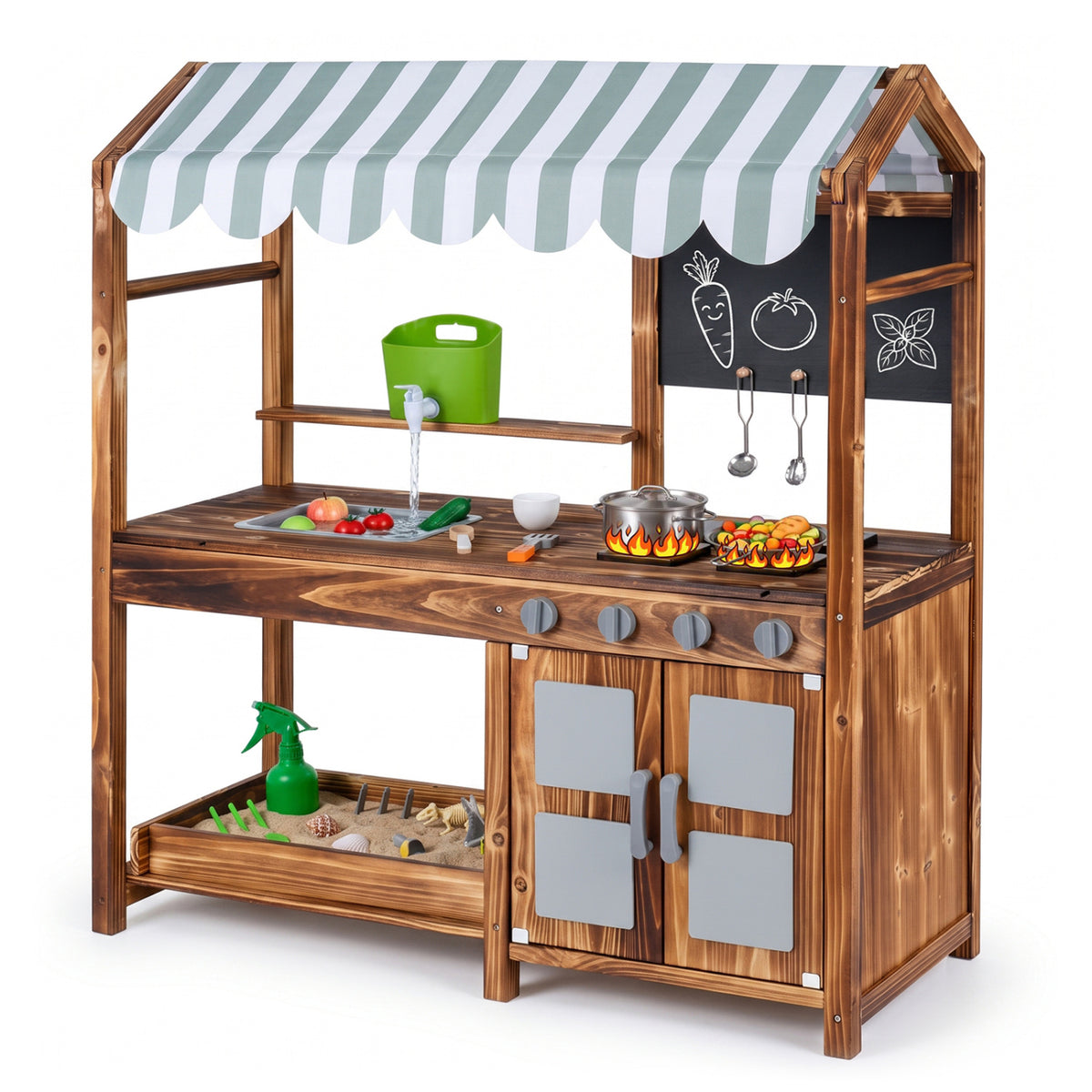 Cuisine de boue en bois pour enfants avec 8 accessoires et tableau noir recto verso pour garçons et filles à partir de 3 ans-marron