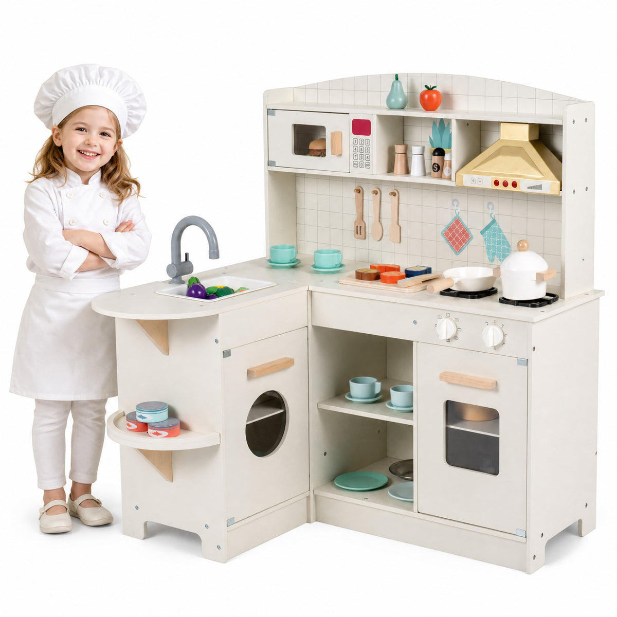 L-Shaped Wooden Play Kitchen with Lights and Sounds - White
