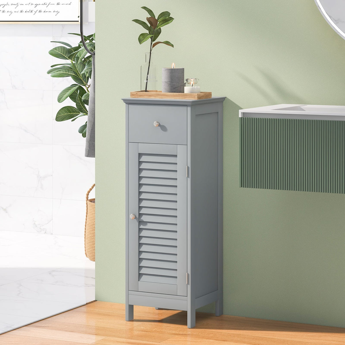 Wooden Bathroom Floor Storage Cabinet with Drawer - Gray-Floor Cabinets-DECOROLALA