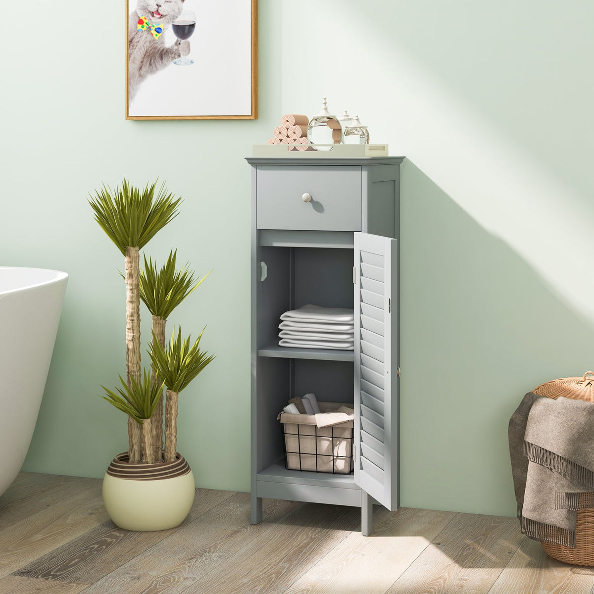 Wooden Bathroom Floor Storage Cabinet with Drawer - Gray-Floor Cabinets-DECOROLALA