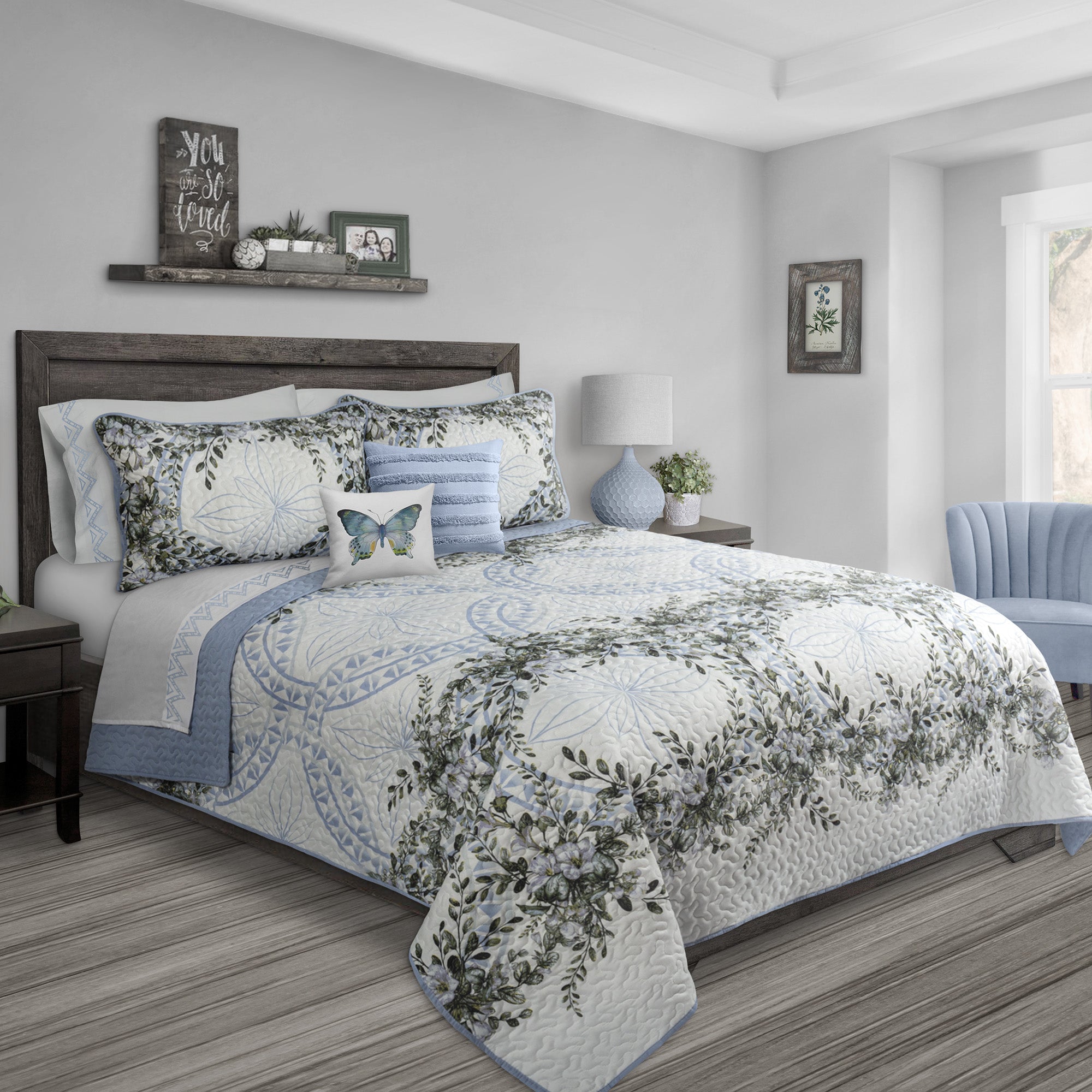 Woven Microfiber Quilt 2PC Set - Blue Floral - Twin-Comforters and Quilts-DECOROLALA