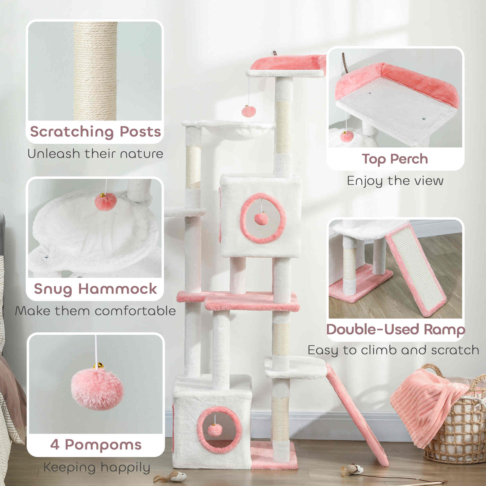 Arbre à chat de 65 pouces avec 2 niches fermées, perchoir supérieur moelleux, hamac, poteaux à griffer en sisal, 4 pompons, rampe, blanc