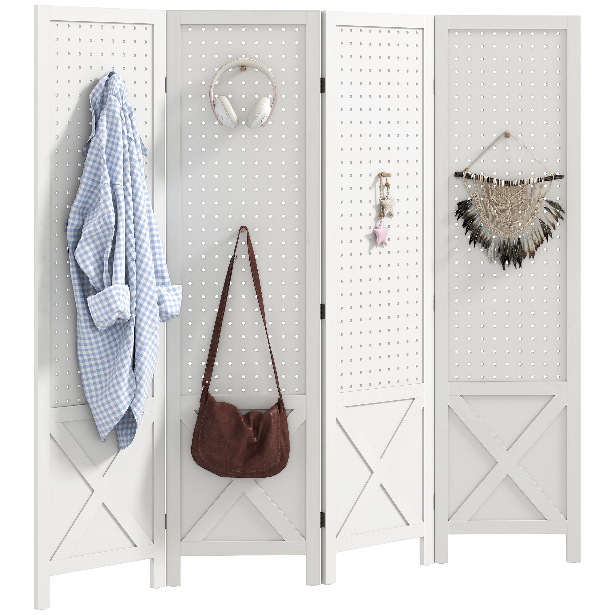 56.9" 4 Panel Wooden Room Divider with Pegboard Display, Folding Privacy Screen for Home Office, White