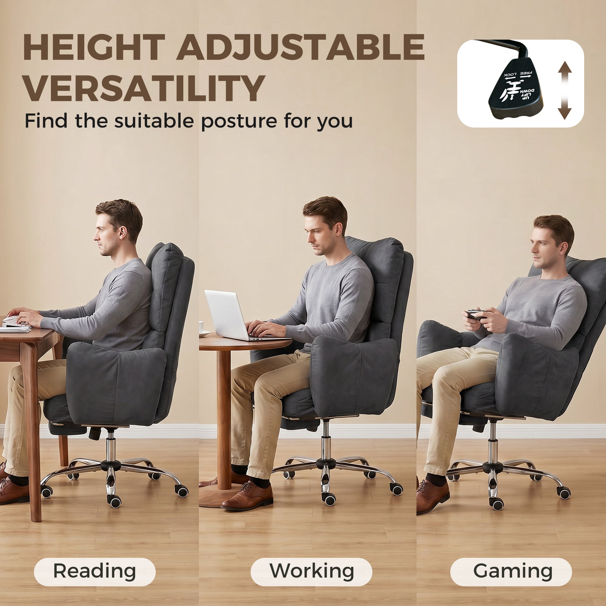 Office Chair with Foot Rest, Ergonomic Reclining Computer Gaming Chair w/ Snow Flannel Fabric, Thick Cushion, Dark Grey-Office Products > Office Furniture > Office Chairs > Task Chairs-DECOROLALA