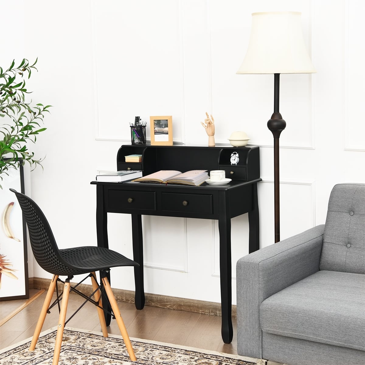 Writing Desk 2-Tier Vanity Desk Computer Desk with 4 Drawers-Black-Writing Desks-DECOROLALA
