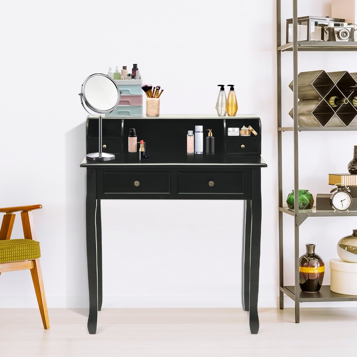 Writing Desk 2-Tier Vanity Desk Computer Desk with 4 Drawers-Black-Writing Desks-DECOROLALA