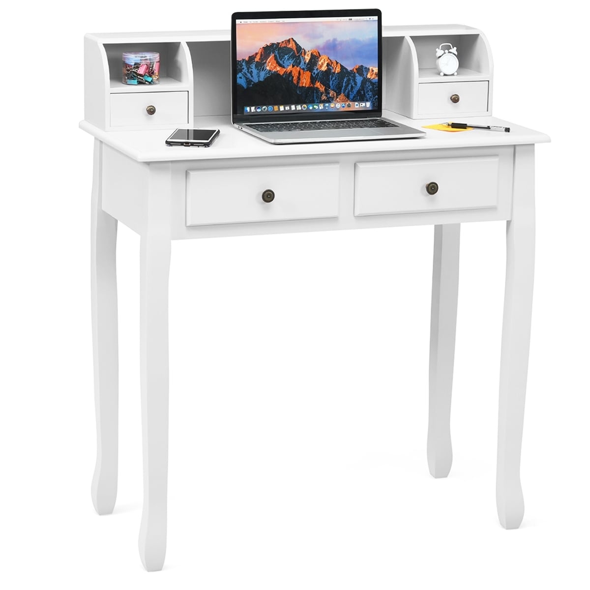 Writing Desk 2-Tier Vanity Desk Computer Desk with 4 Drawers-White-Writing Desks-DECOROLALA