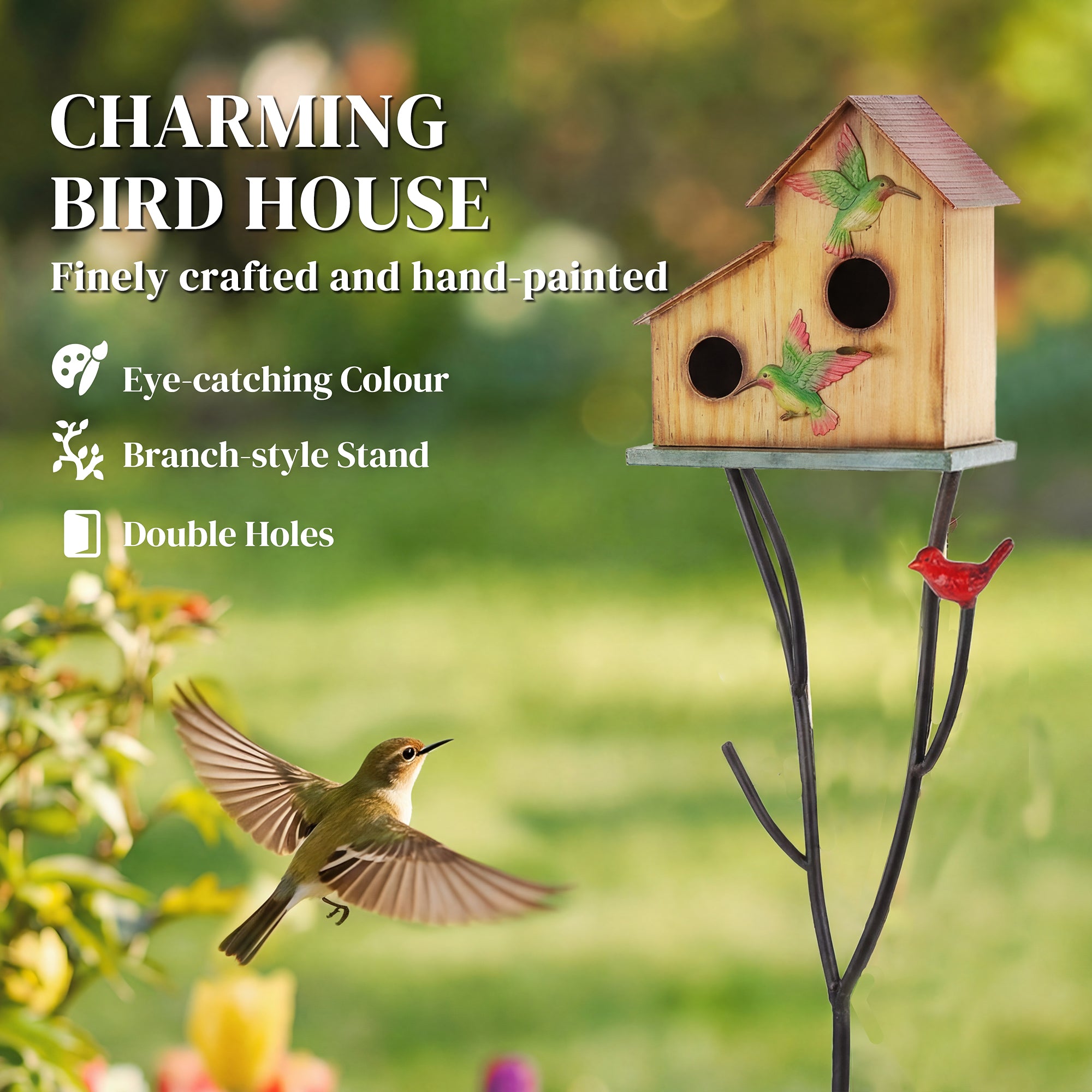 57" Outdoor Bird House with Pole, Metal Bird Houses for Outside, Double-Hole Birdhouse Outdoor Decoration, Yellow