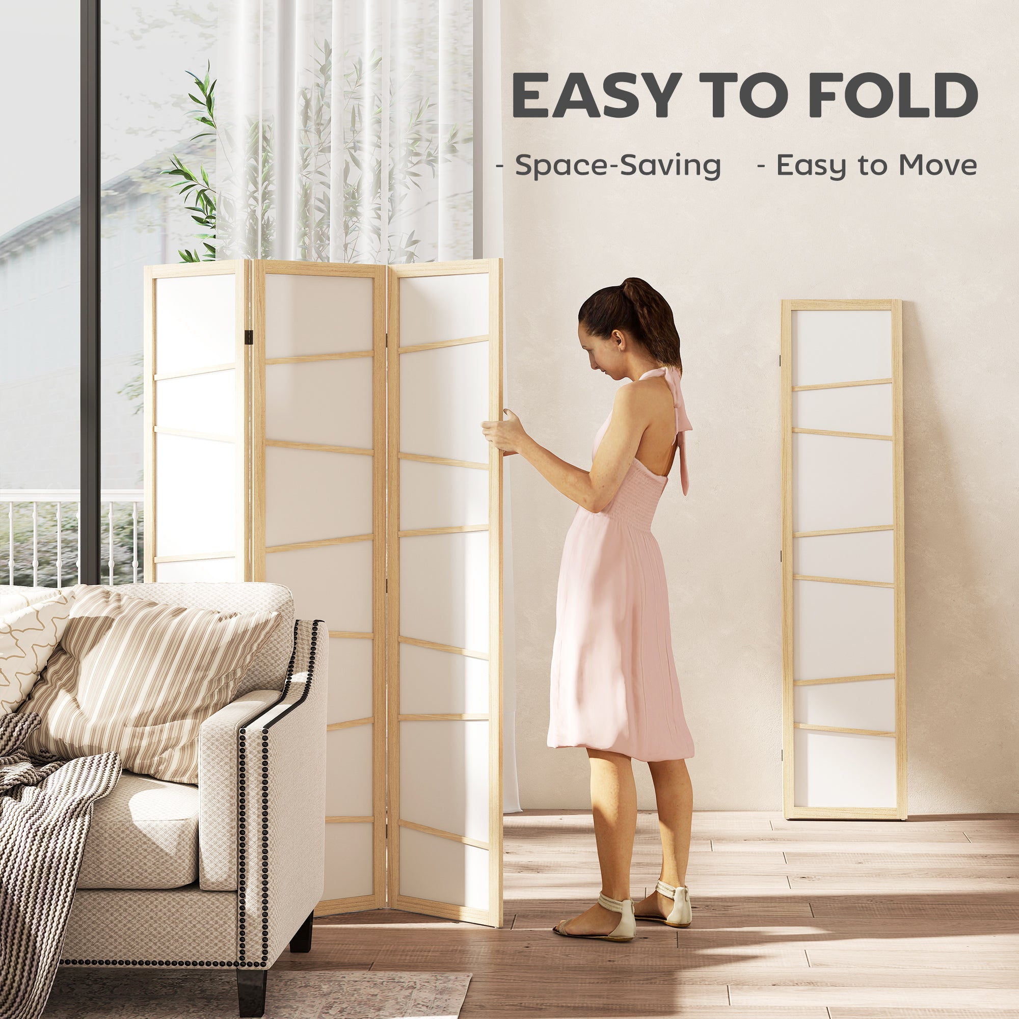 66.9" Folding Room Divider, 3 Panel Wall Partition with Wood Frame for Bedroom, Home Office, Natural Wood