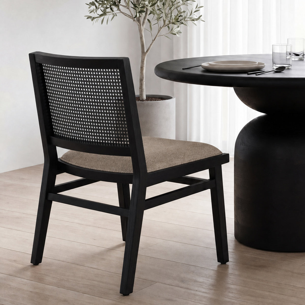 Wynn Cane Back Dining Side Chair - Beige Fabric & Wood-Dining Chairs-DECOROLALA