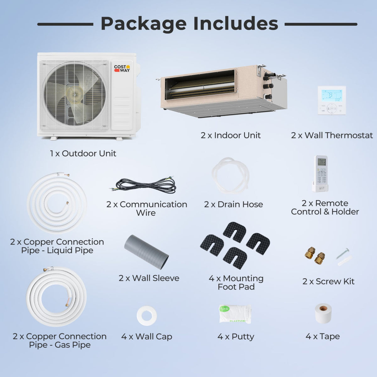 X-Pro 18000 BTU 2 Zone 24 SEER2 Concealed Ducted Mini Split AC-9K + 9K-Multi-Zone Mini Split Air Conditioners-DECOROLALA