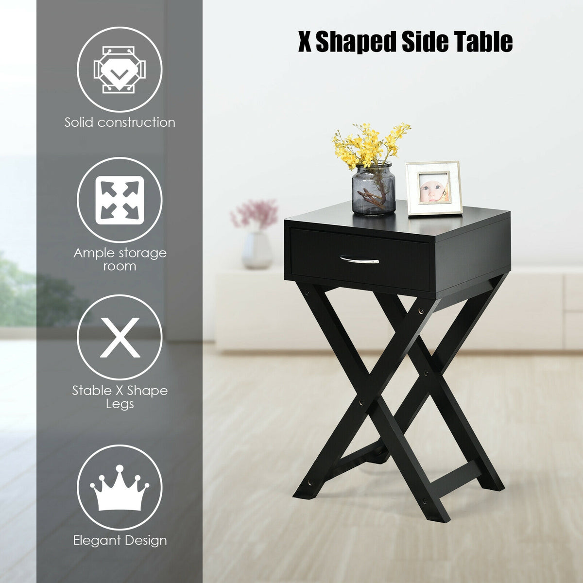 X-Shape Modern Accent Side End Table-Black-End & Side Tables-DECOROLALA