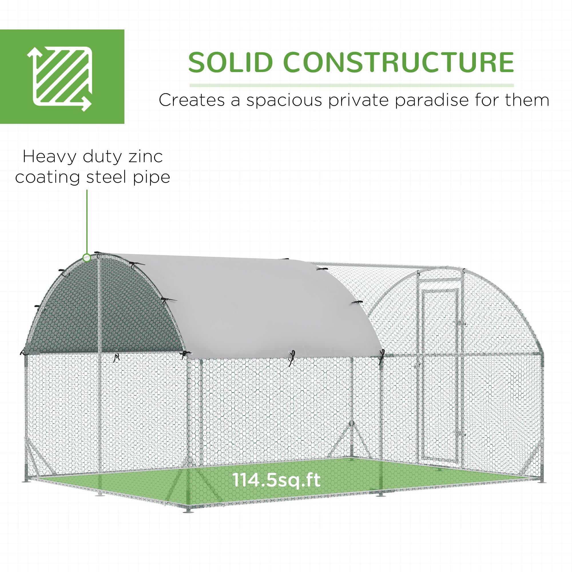 Grand poulailler en métal galvanisé avec cage, enclos accessible, parcours pour volailles, maison pour poules, parc de jeu et clapier avec couverture pour extérieur et jardin, 9.2' x 12.5' x 6.5', argenté