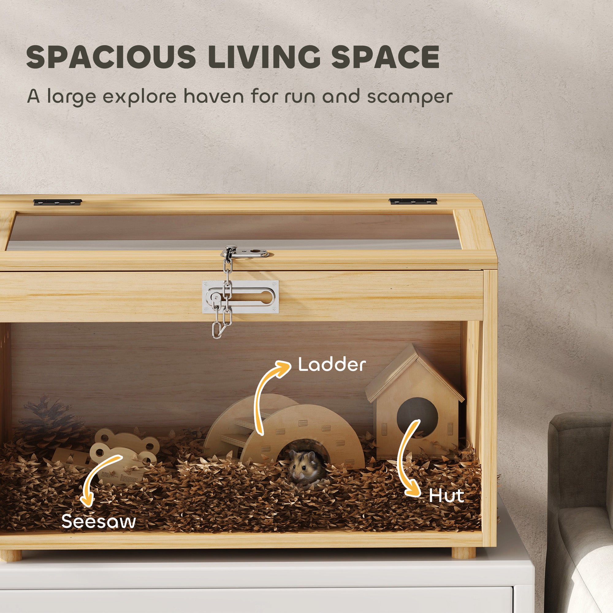 22"L Hamster Cage with Openable Top & Acrylic Windows, Small Animal Cage with Hut, Seesaw, Ladder, Natural Wood