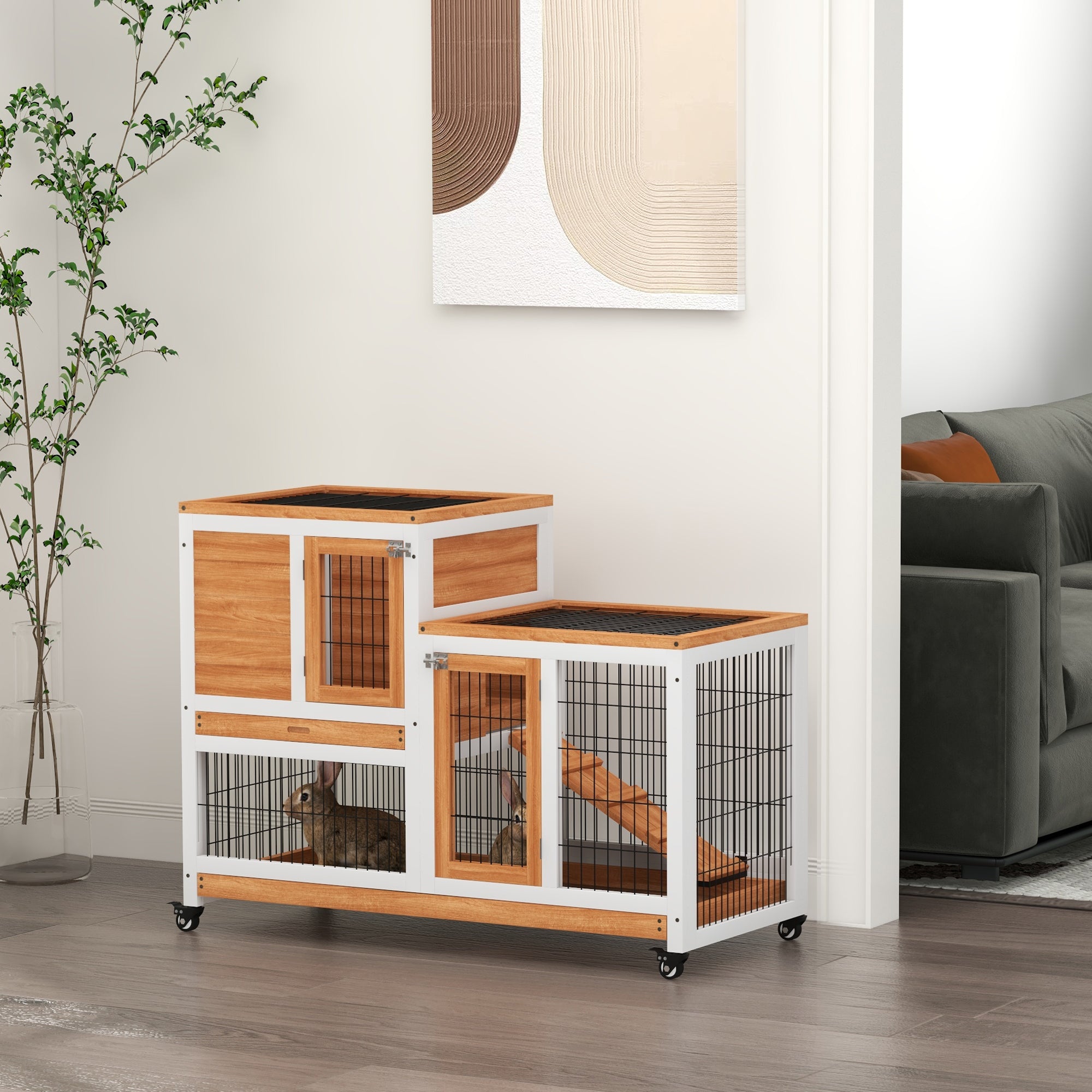 Wooden Rabbit Hutch, Indoor Bunny Cage with Wheels, Pull Out Trays, Run, Yellow