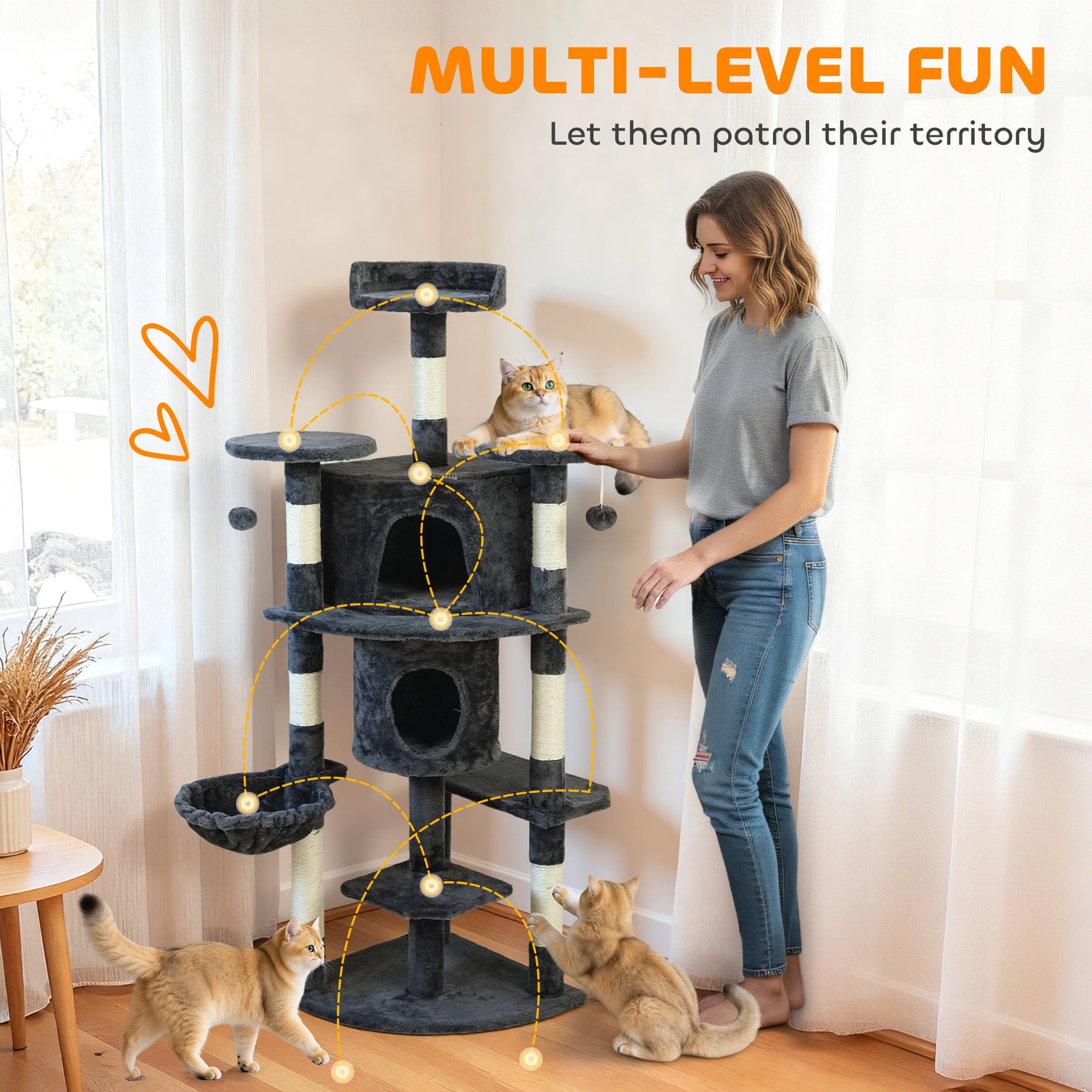 62" Cat Tree with Scratching Post, 2 Condos, Hammock, Perches, Plush, Pompoms, for Indoor Cats, Dark Grey