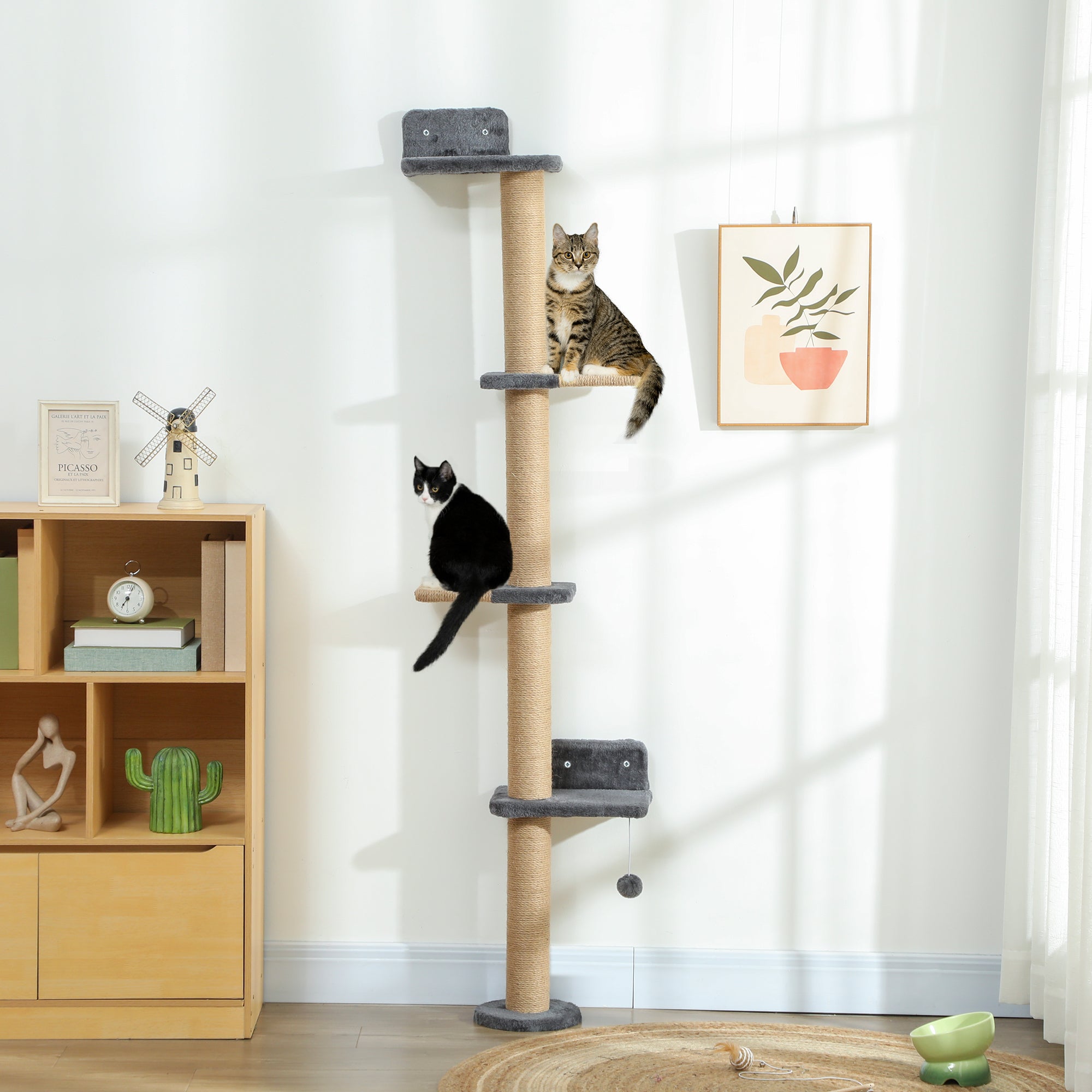 Cat Wall Shelves, Cat Wall Furniture with 4 Platforms, Jute Scratching Post for Indoor Playing, Climbing, Dark Grey