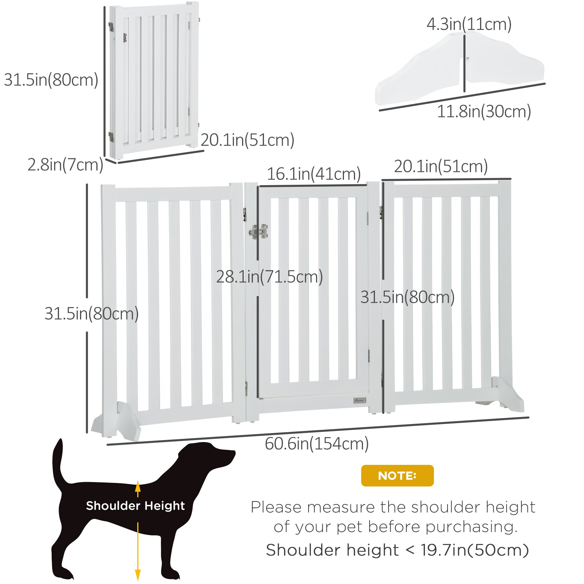 Barrière pliable pour chiens de 31.5"H avec porte, 3 panneaux, barrière pour animaux de compagnie autoportante avec pieds de support, clôture pour chiots adaptée à l’intérieur, pour petits et moyens chiens, blanche