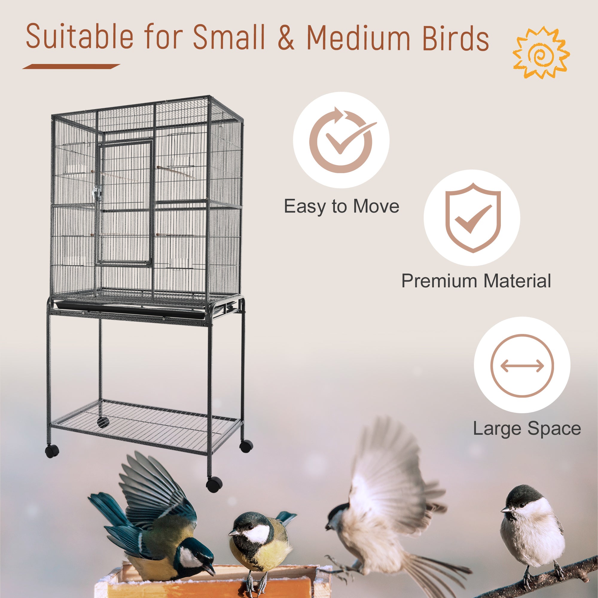 Large Rolling Metal Bird Cage Bird House with Detachable Rolling Stand, Storage Shelf, Wood Perch Food Container - Black