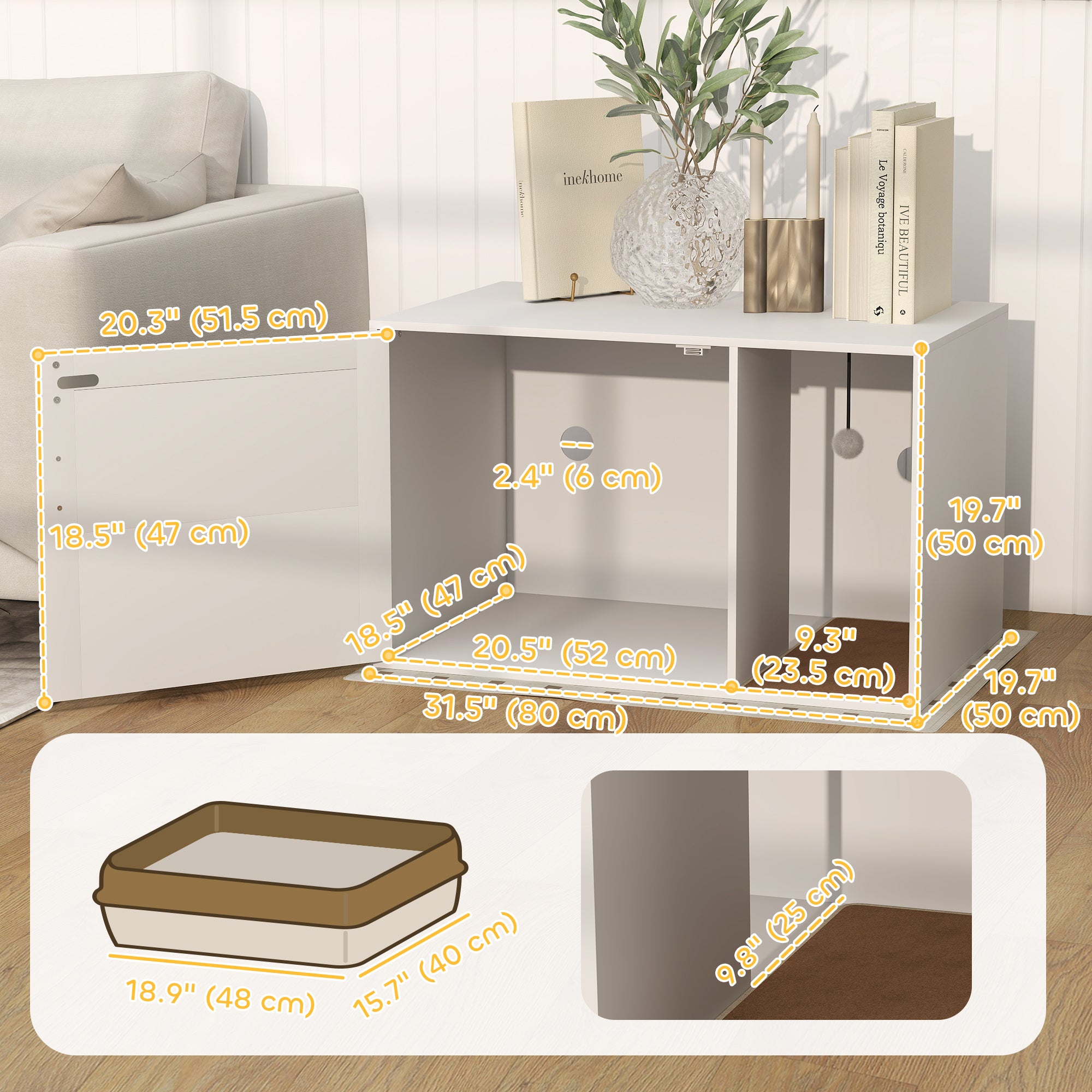 Cat Litter Box Enclosure, Cat Washroom End Side Table with Rattan Door, Scratching Pad, Non-slip Foot Pads, White