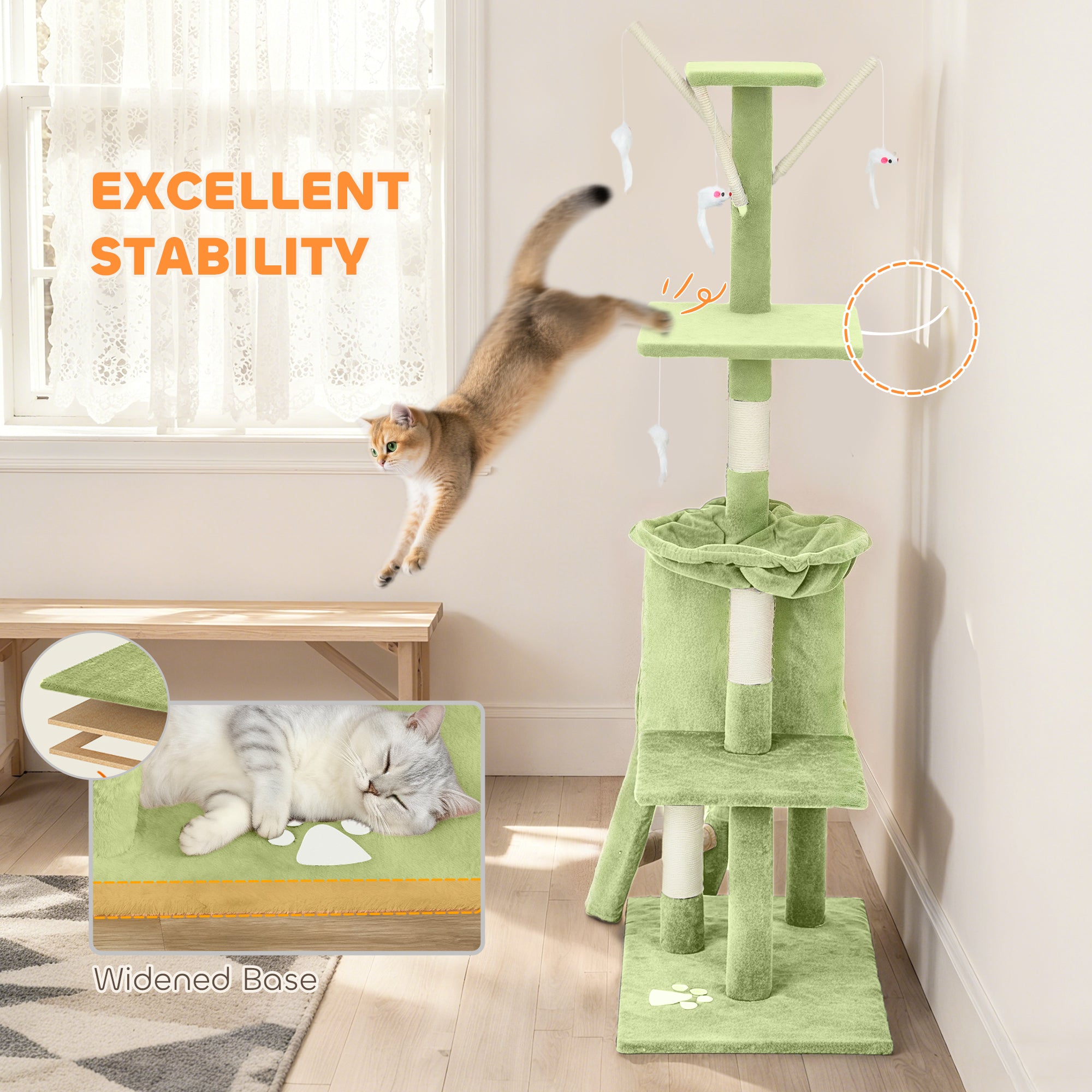 53" Cat Tree Tower, Kitten Activity Centre with Scratching Posts, Condo, Perches, Ladder, Hammock, Dangling Toys, Green
