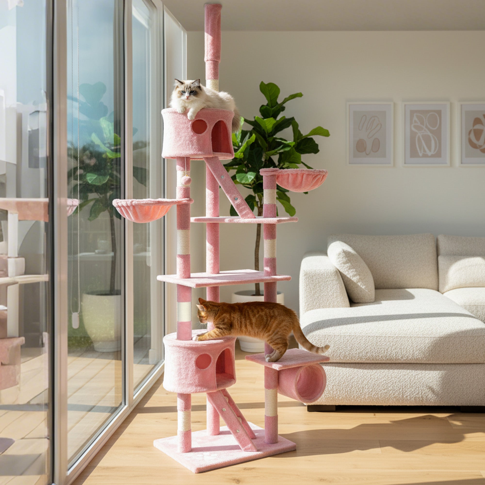 94"-102" Floor to Ceiling Cat Tree High Cat Condo Scratching Post Activity Center Multi-Level Play House Pink