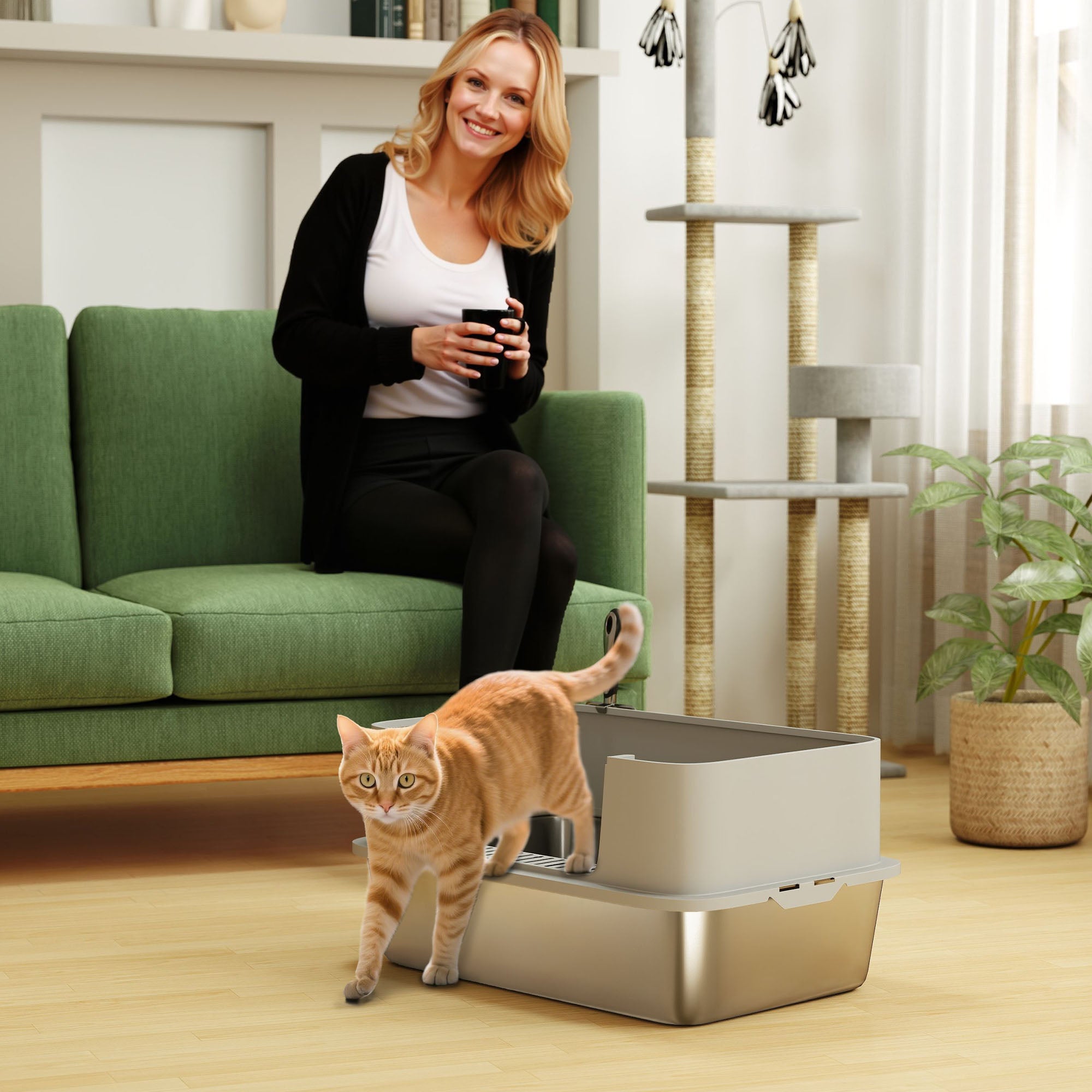 Stainless Steel Litter Box, XL High Sided Cat Litter Box with Scoop, Anti Leakage & Easy to Clean, 24" x 16" x 12", Grey