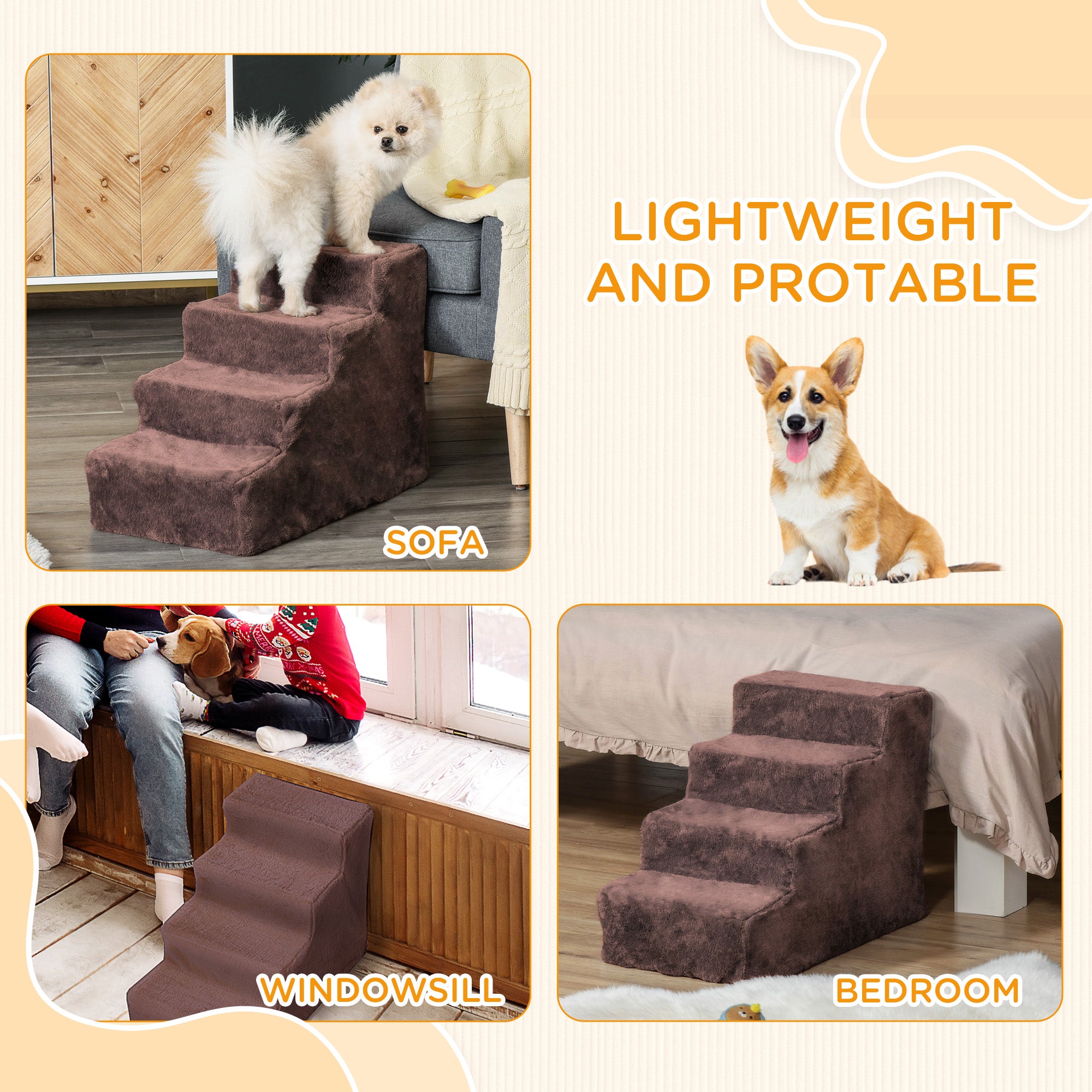4-Step Dog Ramp for Sofa, Bed, and Couch, with Removable Cover, Brown