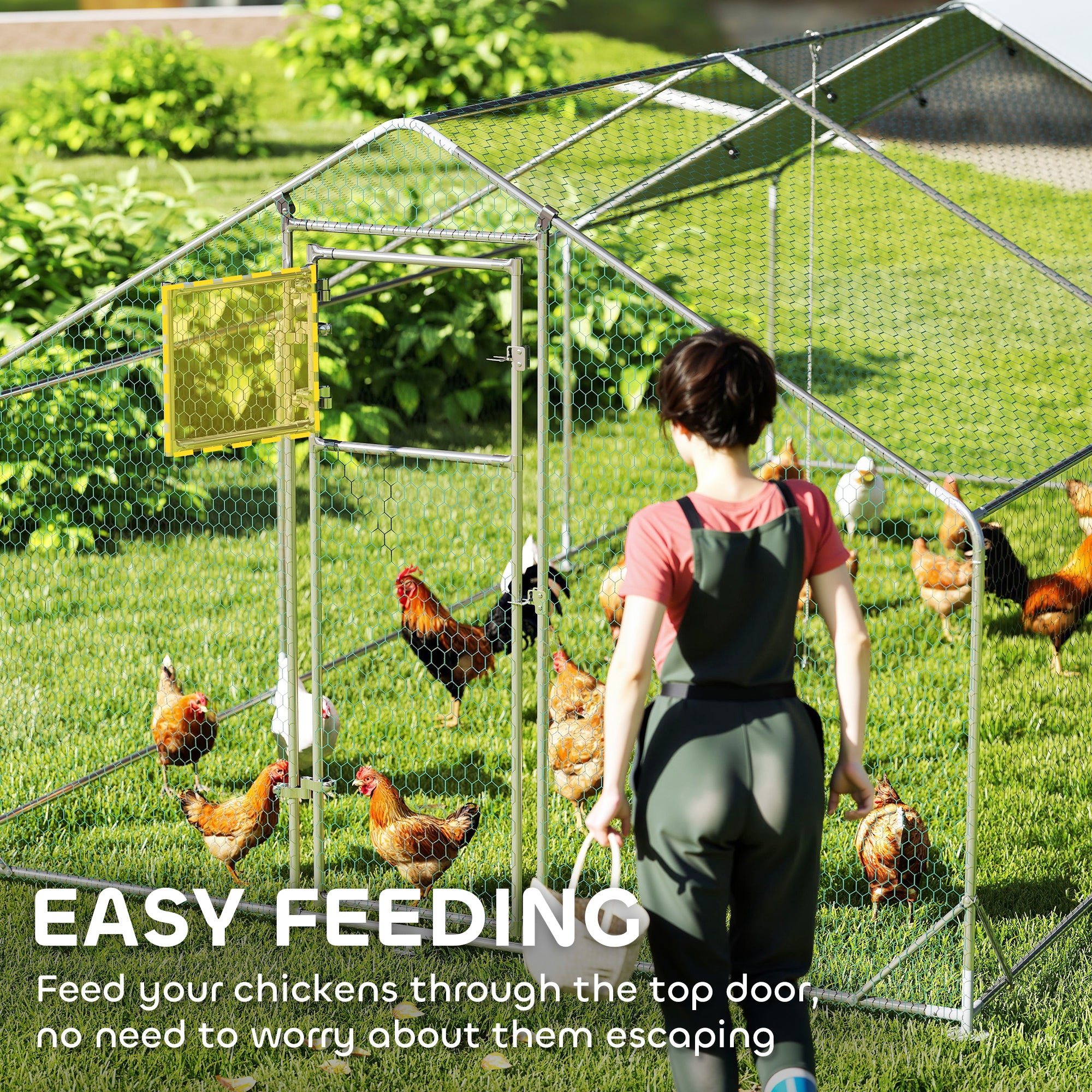 Large Metal Chicken Run with Waterproof & UV-Resistant Cover, Feeding Door, Hanging Feeder, Perch for 18-24 Chickens