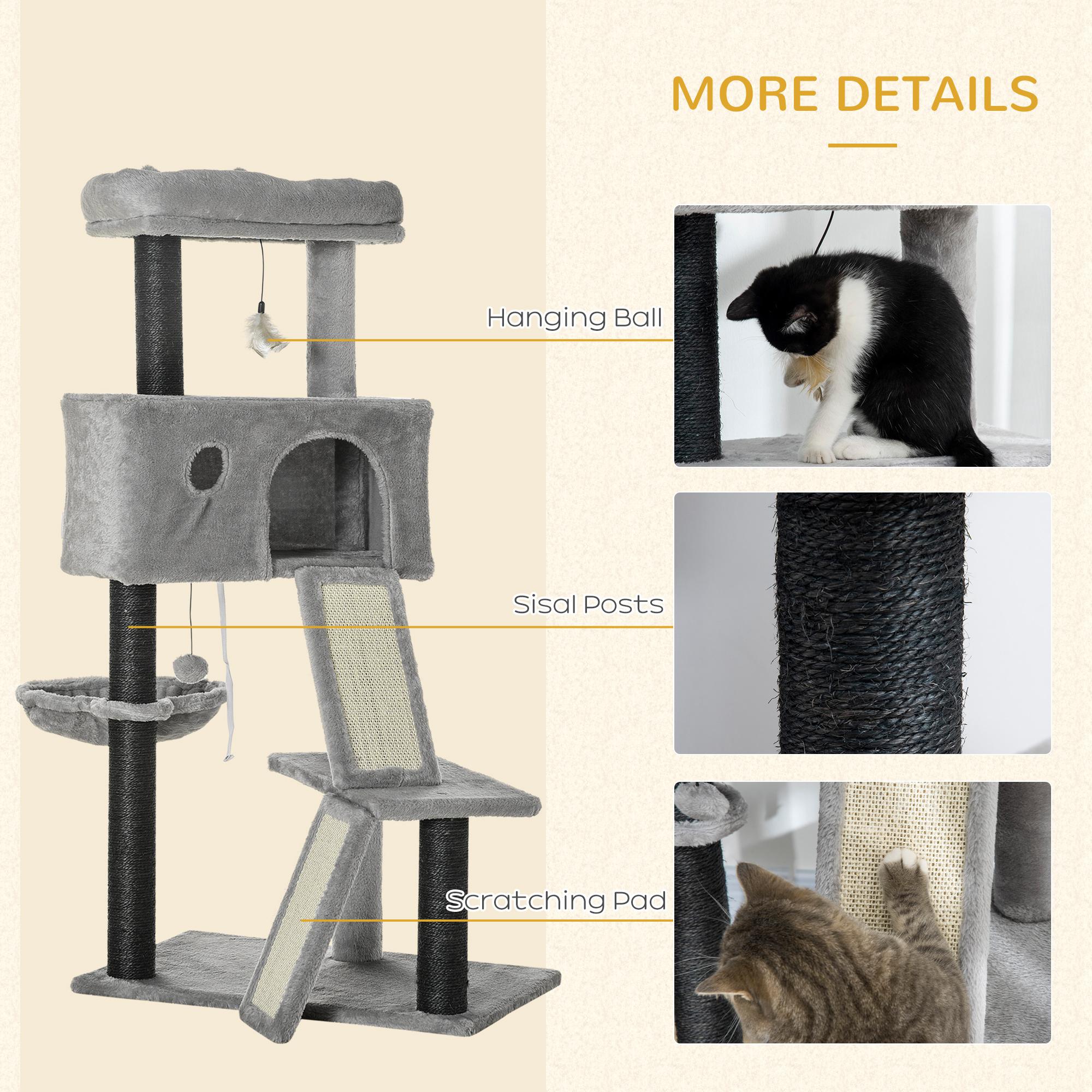 47" Cat Tree for Indoor Cats, Kitty Activity Center, Cat Tower with Cat Ear Bed Ramp Condo Hammock Hanging Ball Toys Sisal Rope Scratching Post, Light Grey