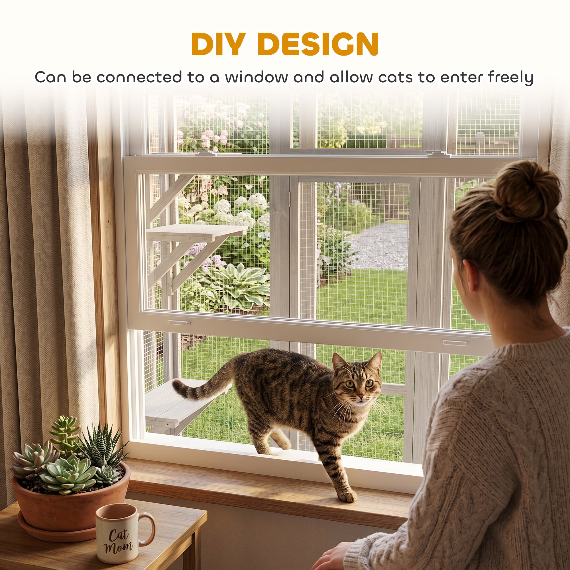 44.1" H Cat Cage, Indoor Outdoor Wooden Enclosure Pet House, Small Animal Cage Hutch, Suitable for Rabbit, Dogs, Kitten, Crate Kennel with Waterproof Roof, Multi-Level Platforms, Lock, Grey