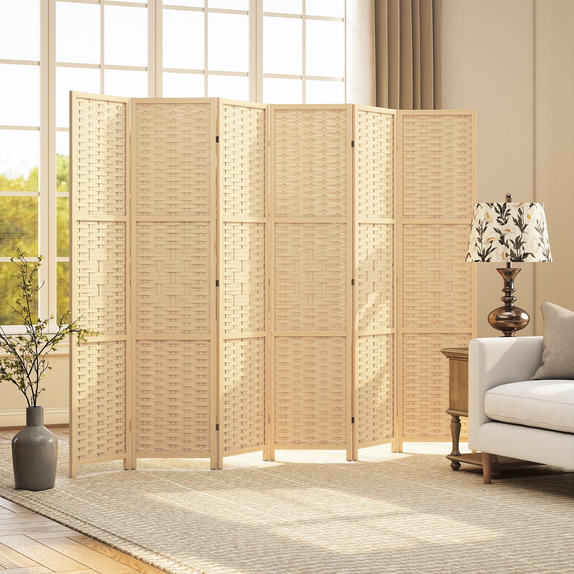 6-Panel Room Divider, 5.6 FT Freestanding Folding Privacy Screen, Partition Wall Divider, Natural Wood