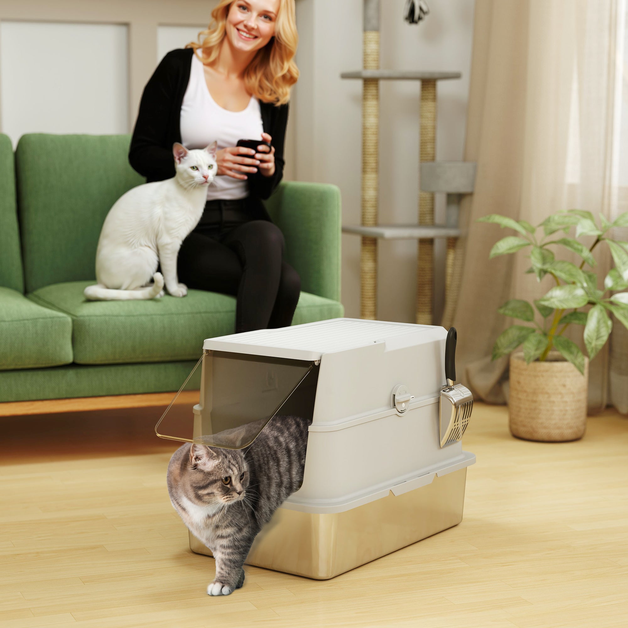 XL Stainless Steel Cat Litter Box with Flip Top Lid & Scoop-Cats-DECOROLALA