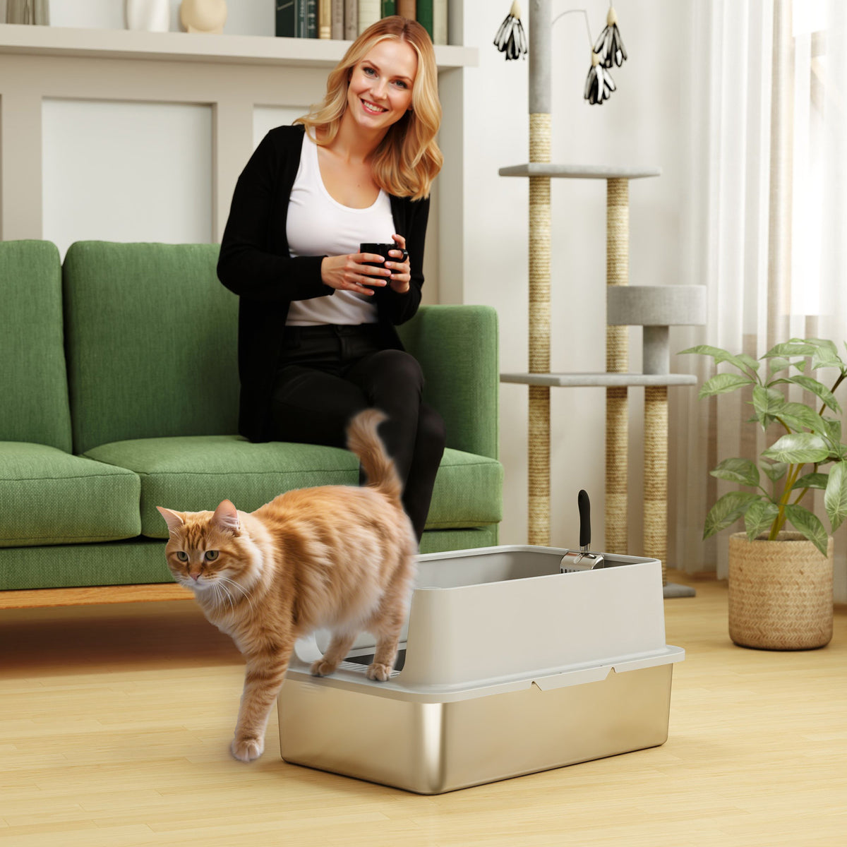 XL Stainless Steel Cat Litter Box with High Walls and Scoop-Cat Supplies-DECOROLALA