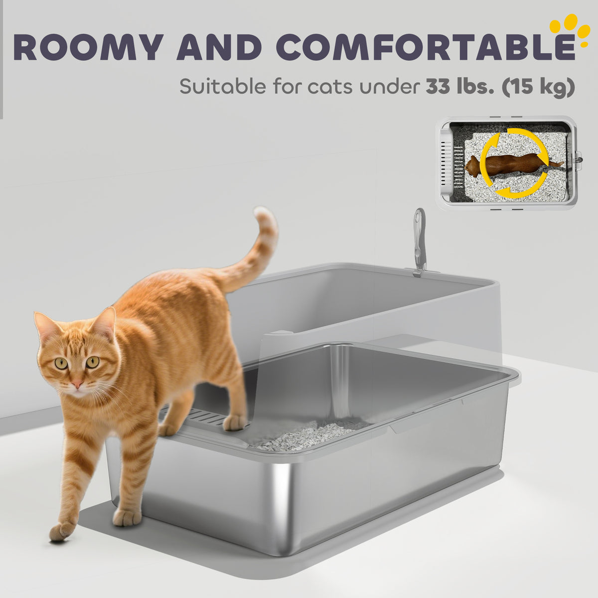 XL Stainless Steel Cat Litter Box with High Walls and Scoop-Cats-DECOROLALA
