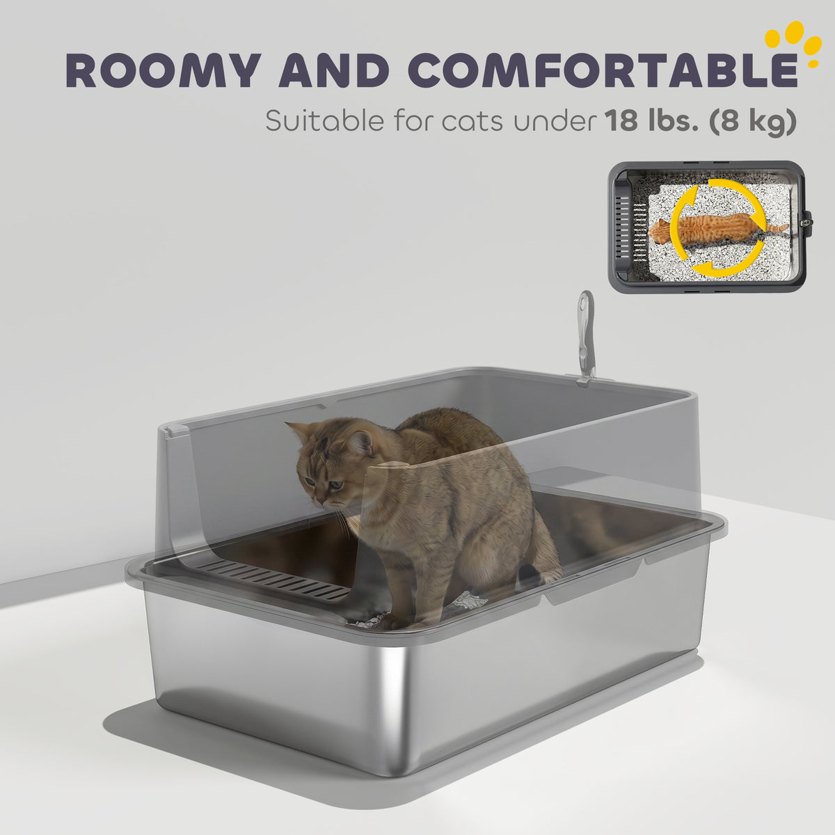 XL Stainless Steel Cat Litter Box with High Walls and Scoop-Cats-DECOROLALA