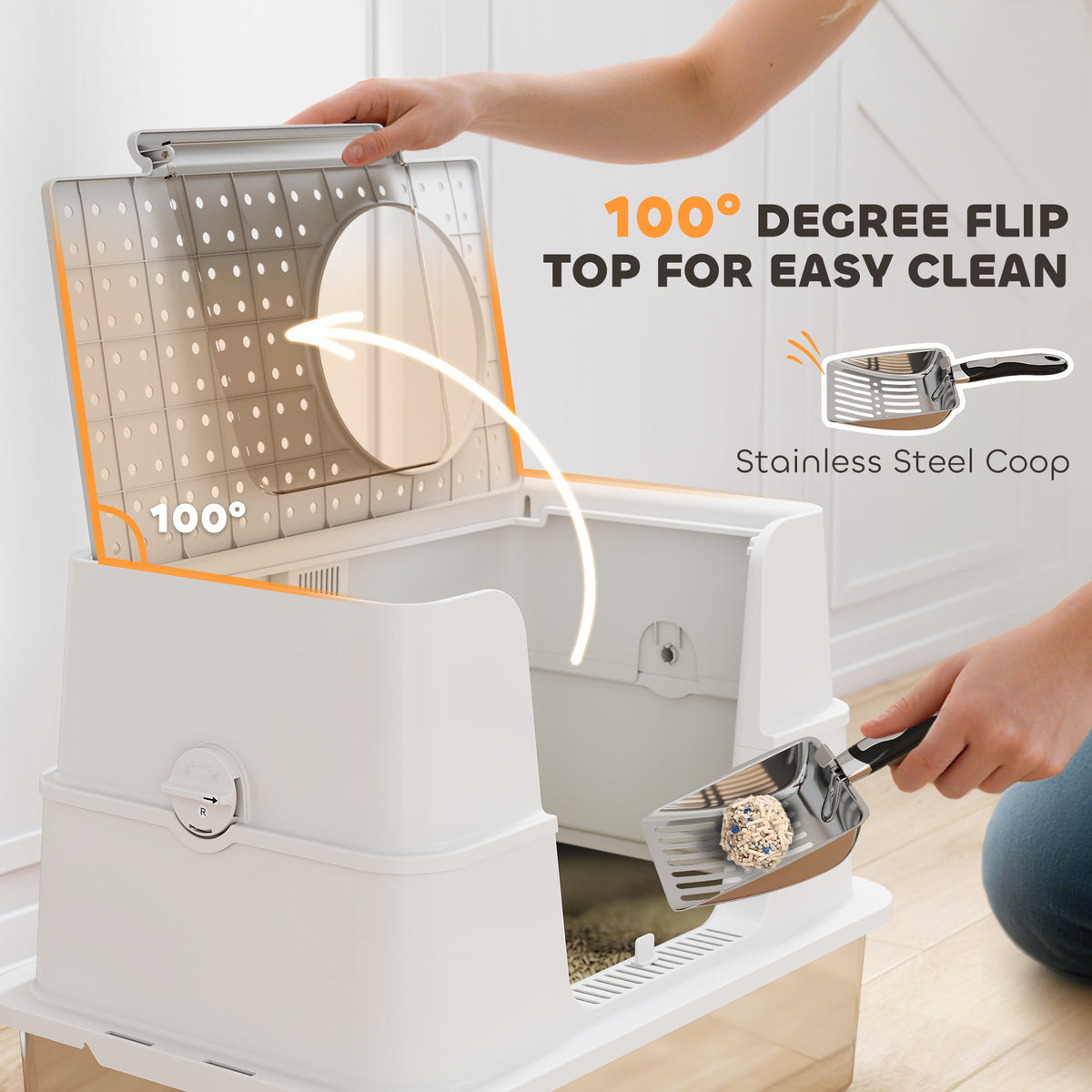 XL Stainless Steel Enclosed Cat Litter Box with Flip Top & Scoop-Cats-DECOROLALA