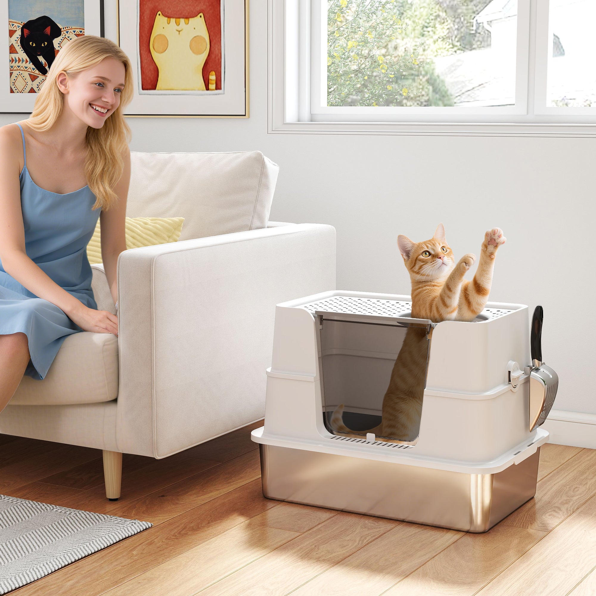 XL Stainless Steel Enclosed Cat Litter Box with Flip Top & Scoop-Cats-DECOROLALA