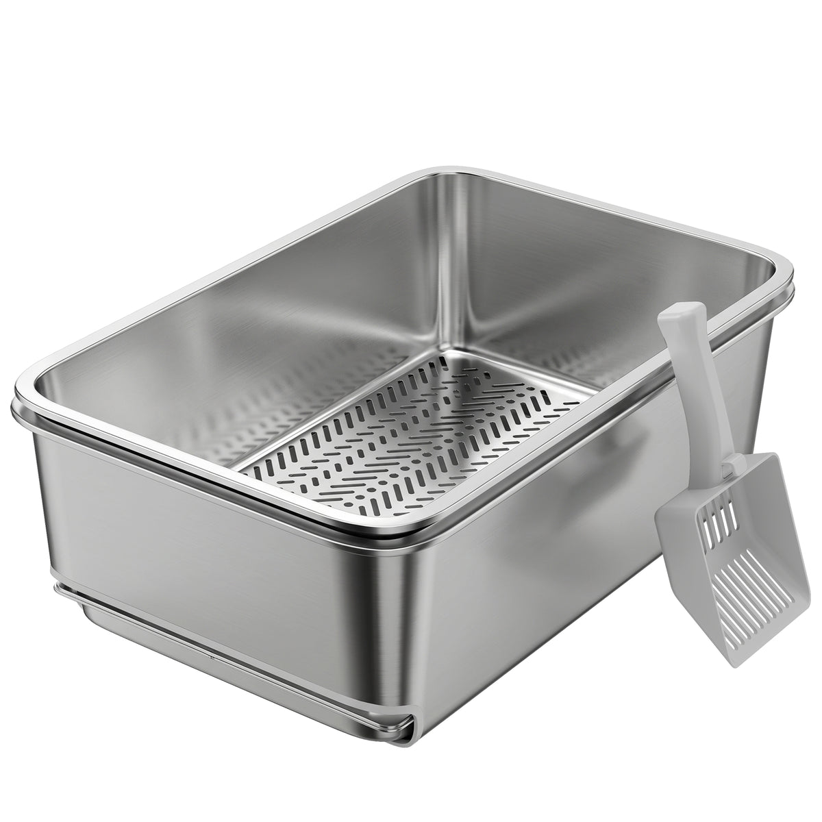 XL Stainless Steel Sifting Cat Litter Box with Scoop - Silver-Cats-DECOROLALA