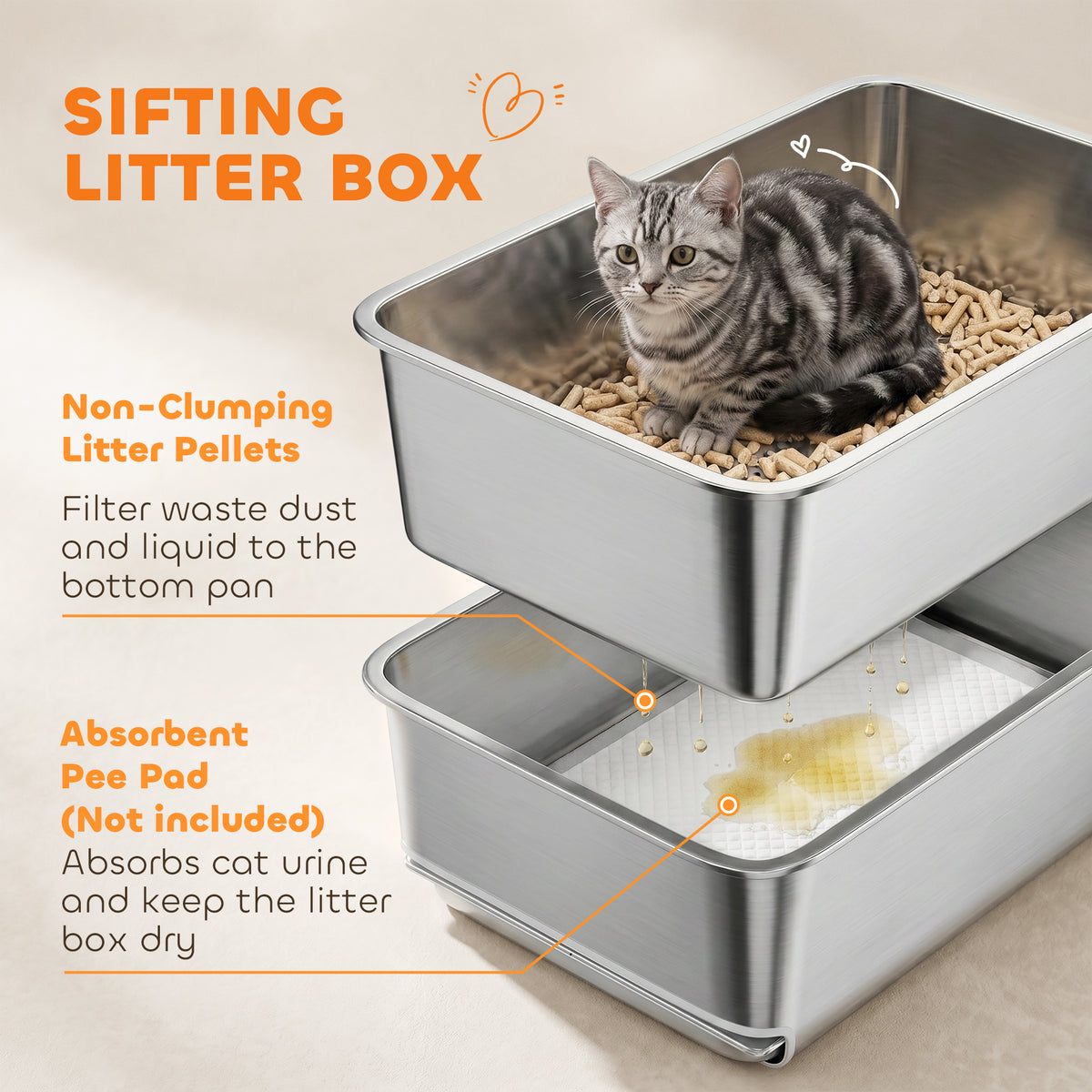 XL Stainless Steel Sifting Cat Litter Box with Scoop - Silver-Cats-DECOROLALA