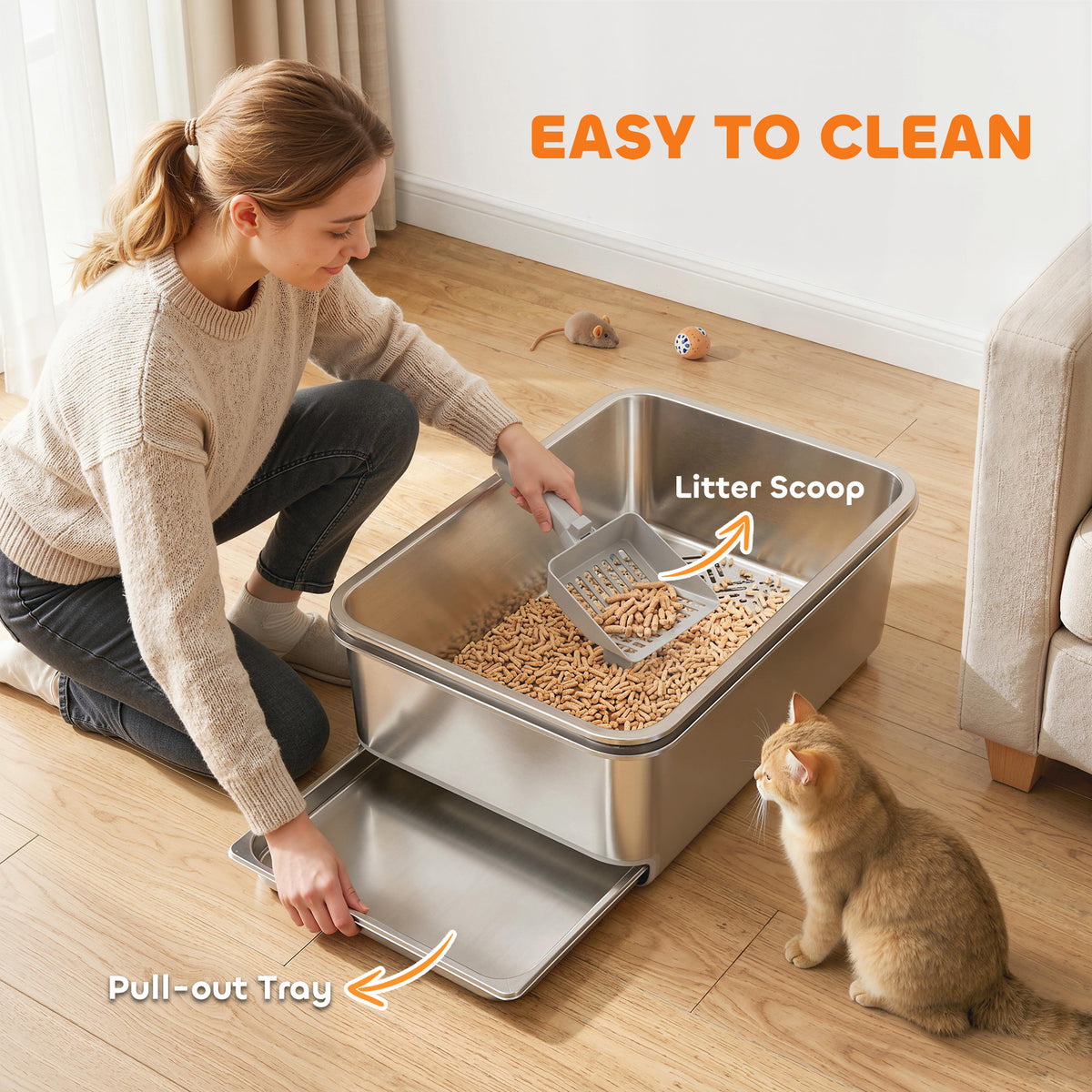 XL Stainless Steel Sifting Cat Litter Box with Scoop - Silver-Cats-DECOROLALA