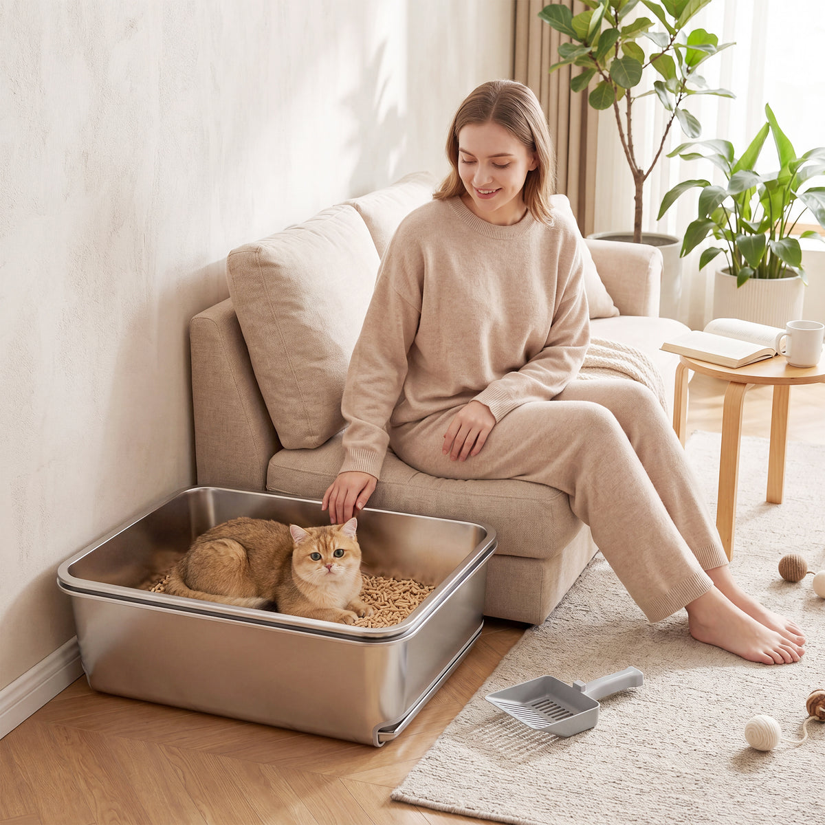 XL Stainless Steel Sifting Cat Litter Box with Scoop - Silver-Cats-DECOROLALA