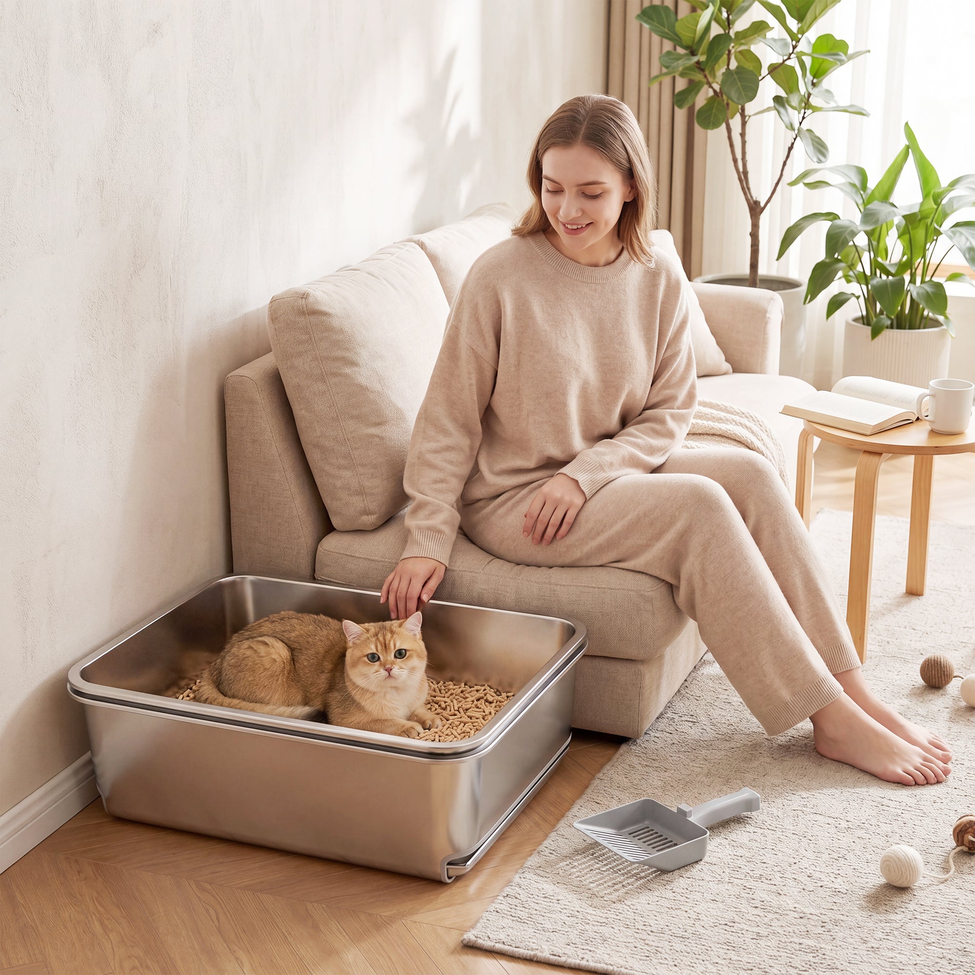 XL Stainless Steel Sifting Cat Litter Box with Scoop - Silver-Cats-DECOROLALA