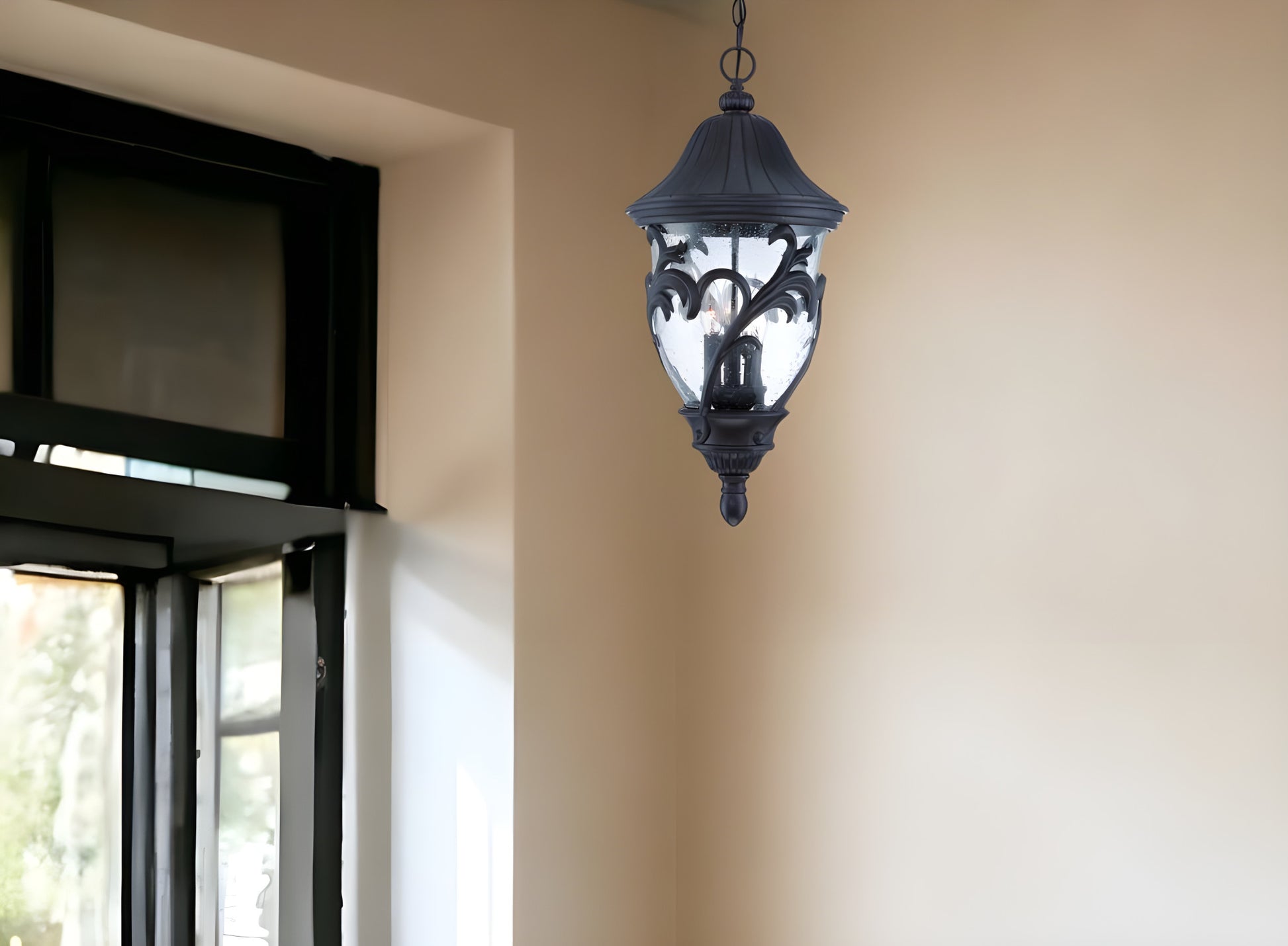 XL Three Light Matte Black Leaf Detail Hanging Light-Chandeliers-DECOROLALA