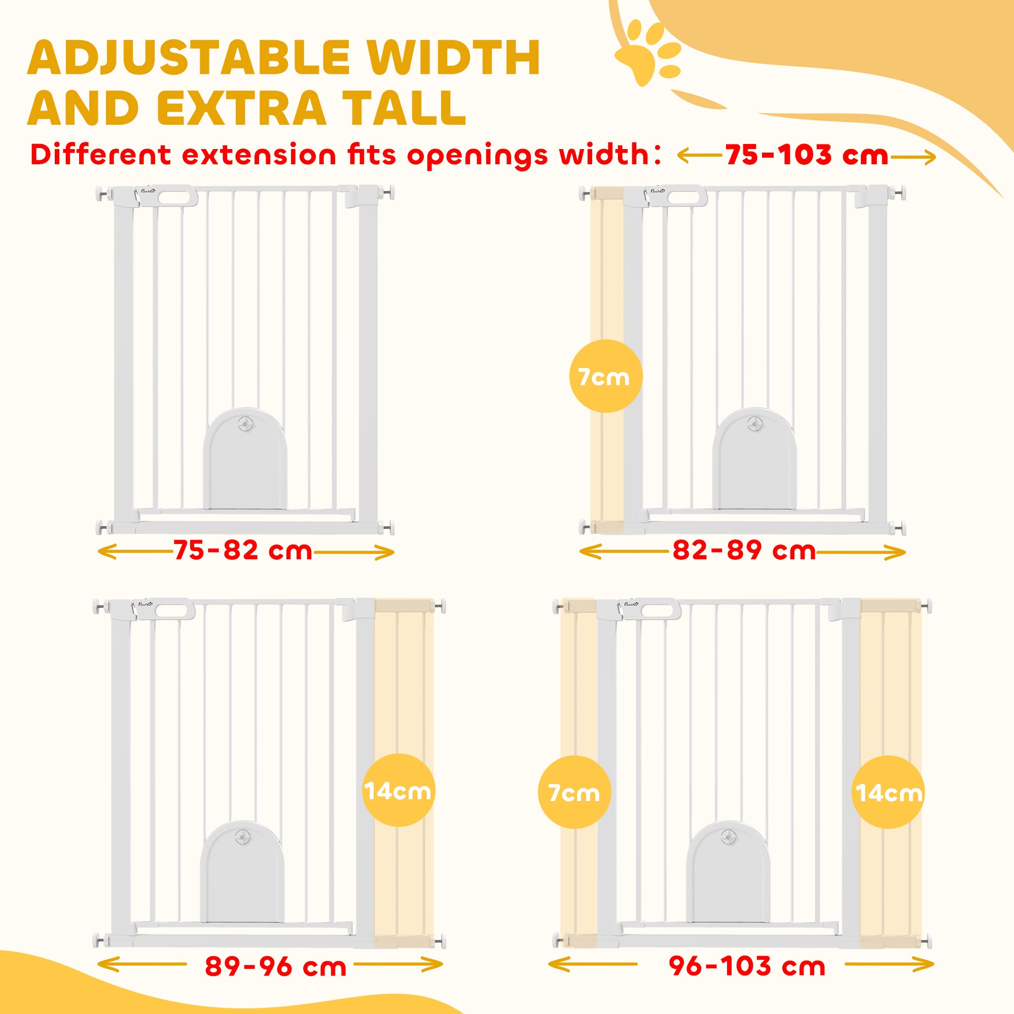 30"-41" Extra Wide Pet Gate Barrier with Small Door, 35"H Dog Gate with Safety Gate Barrier, Stair Pressure Fit, White
