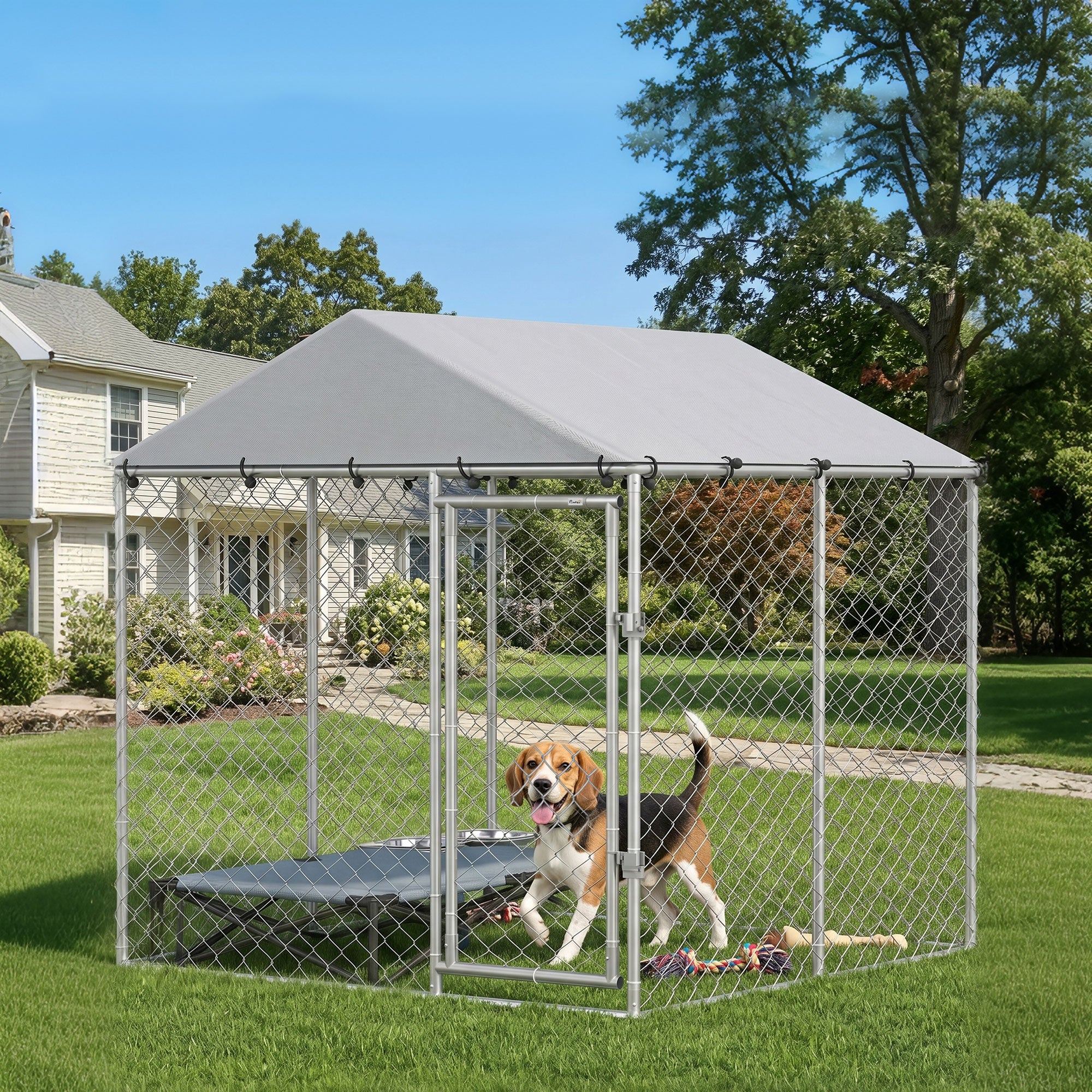 6.6' x 6.6' x 6.6' Outdoor Dog Kennel Heavy Duty Galvanized Steel with UV-resistant Roof, Silver