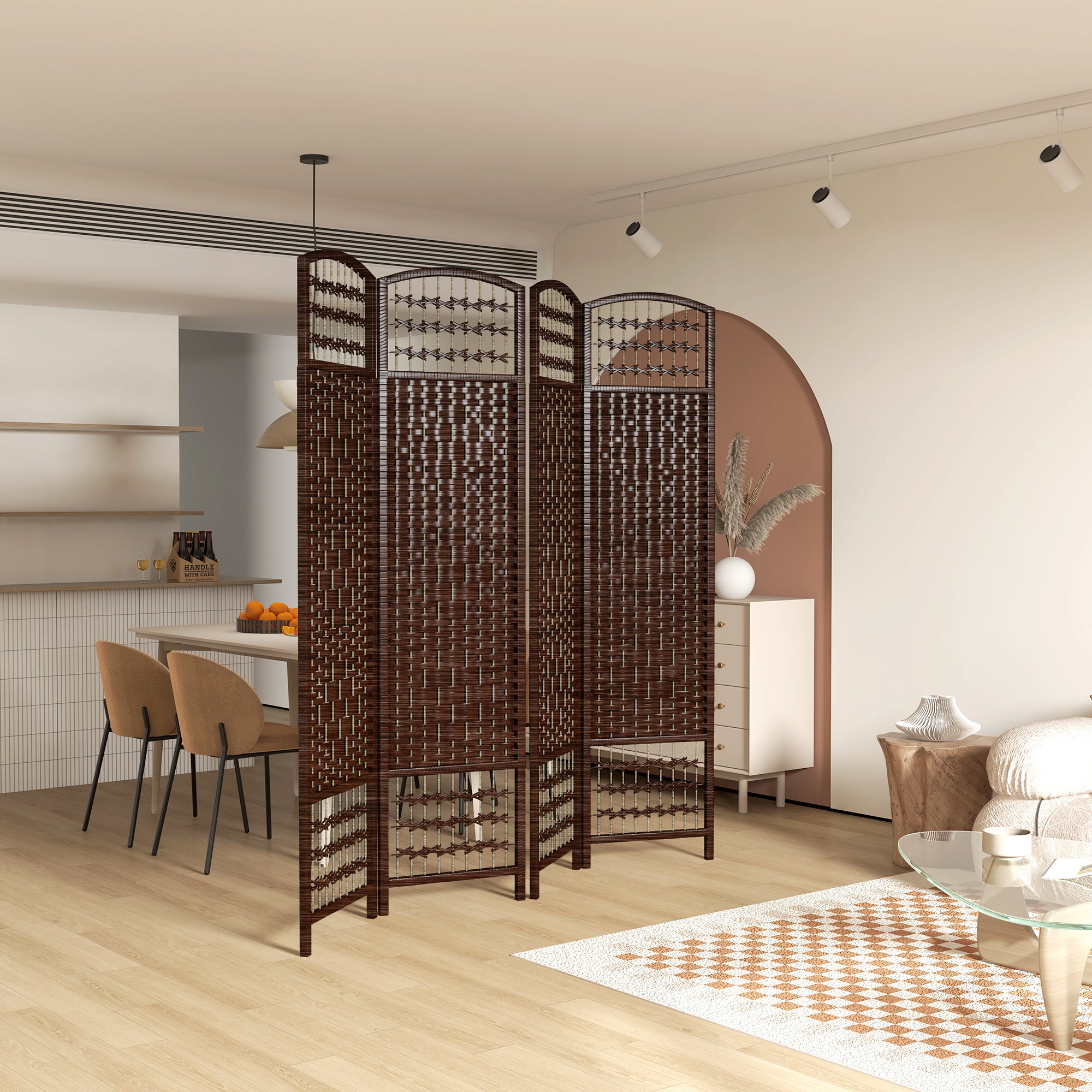 4 Panel Folding Room Divider, Portable Privacy Screen, Wave Fiber Room Partition for Home Office, Brown