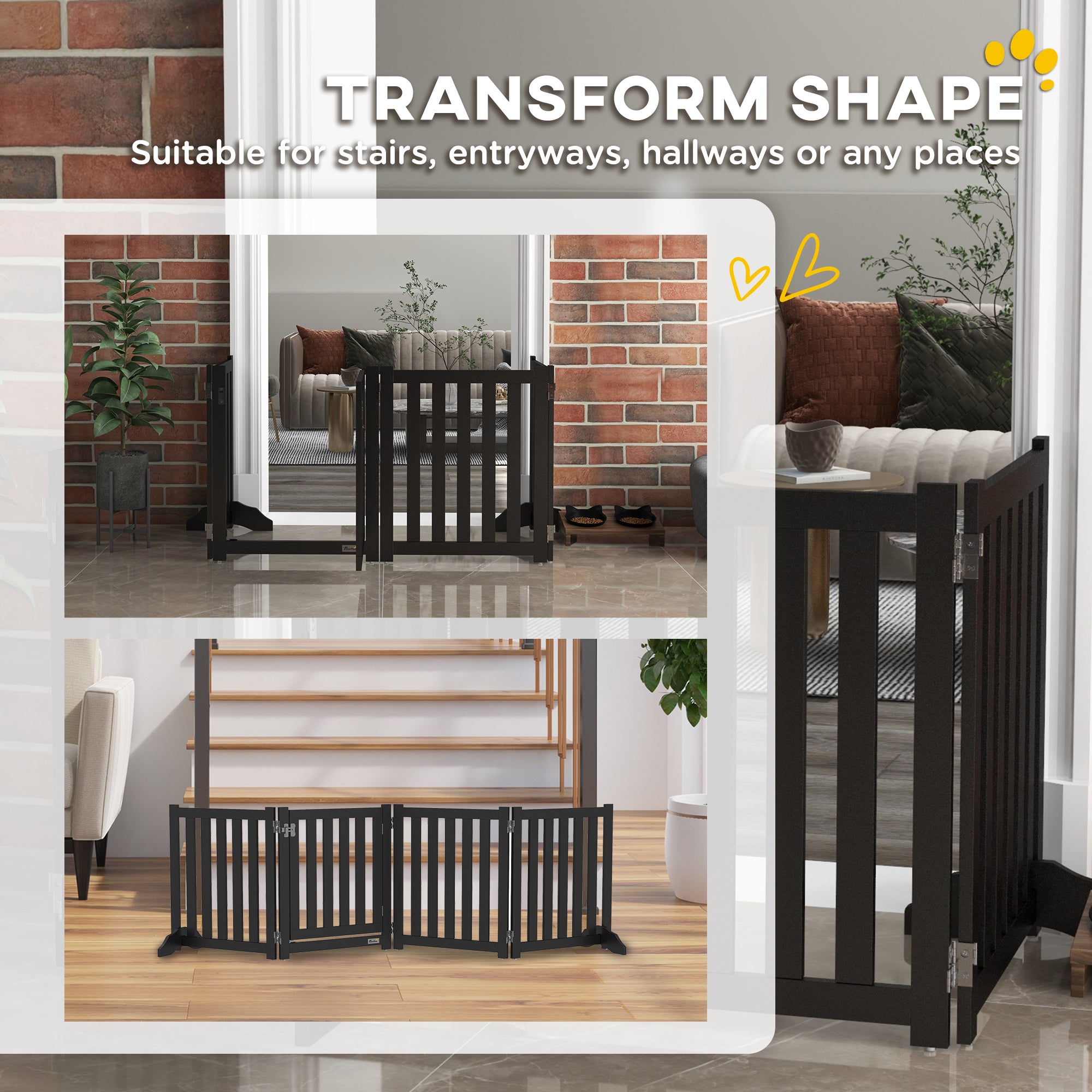 Foldable Dog Gate with Door, 4 Panels Fressstanding Pet Gate, Black