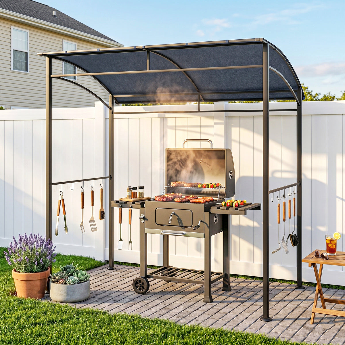 7' x 5' BBQ Grill Gazebo - Grey Steel Frame Canopy