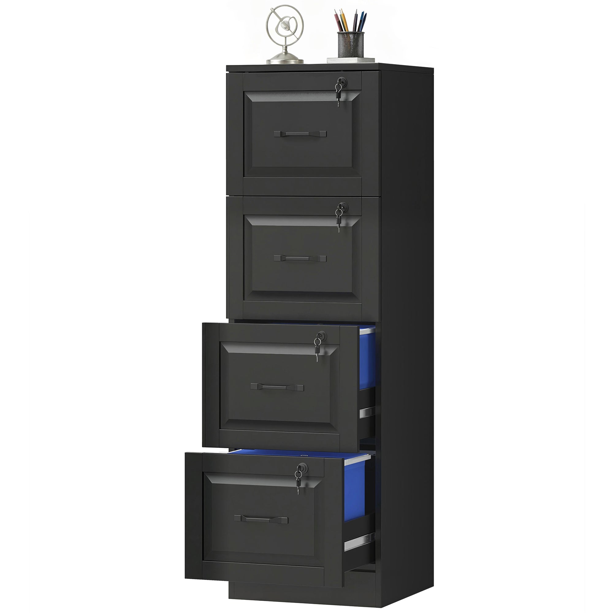 4-Drawer Vertical File Cabinet with Lock - Black MDF 52" H